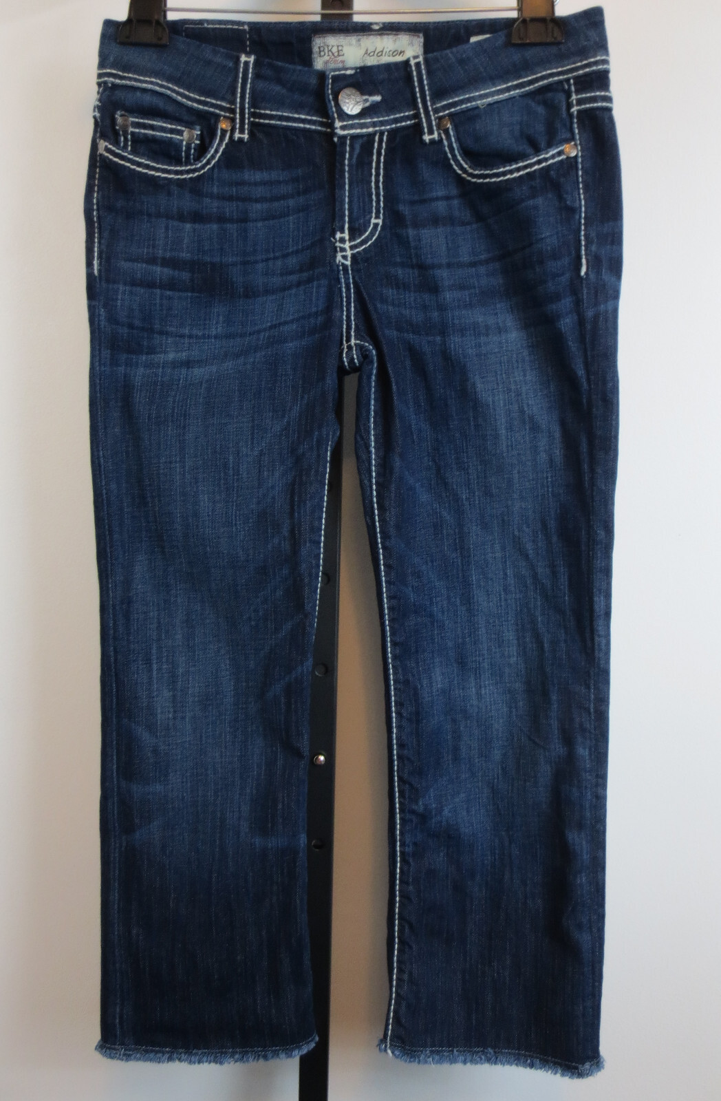 BKE Denim Addison Cutoff Capri Jeans Womens 27 Dark Wash Thick Stitch Raw Hem