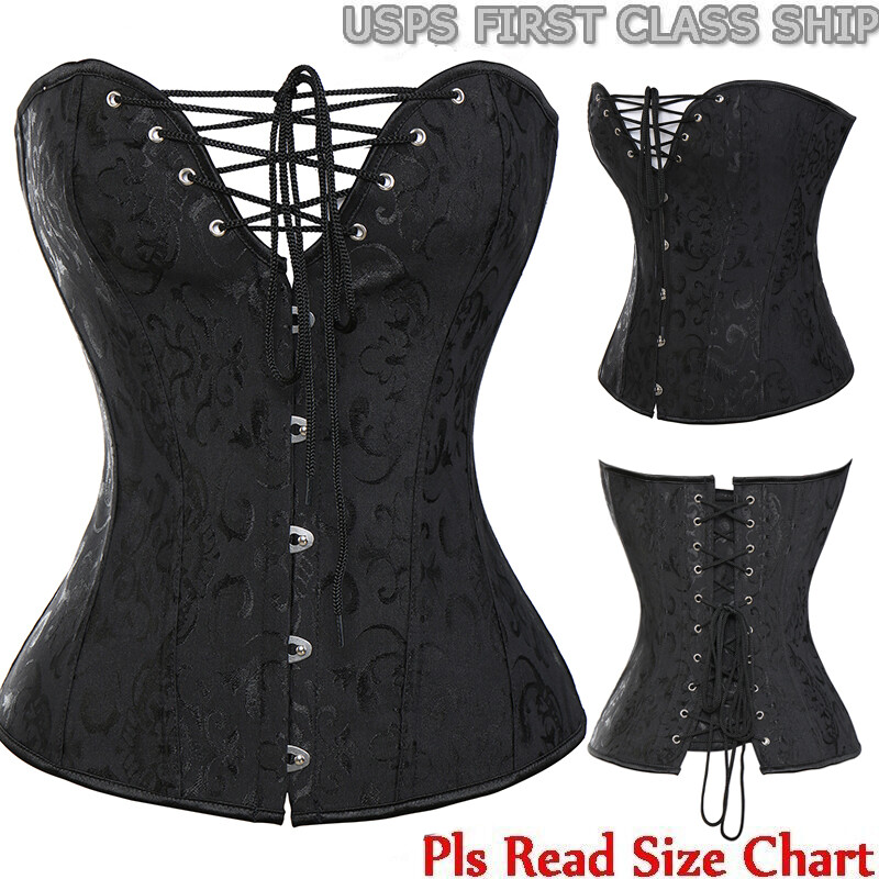 Sexy Black Bustier Overbust Corset Top Waist Training Lace Up Steampunk Lingerie
