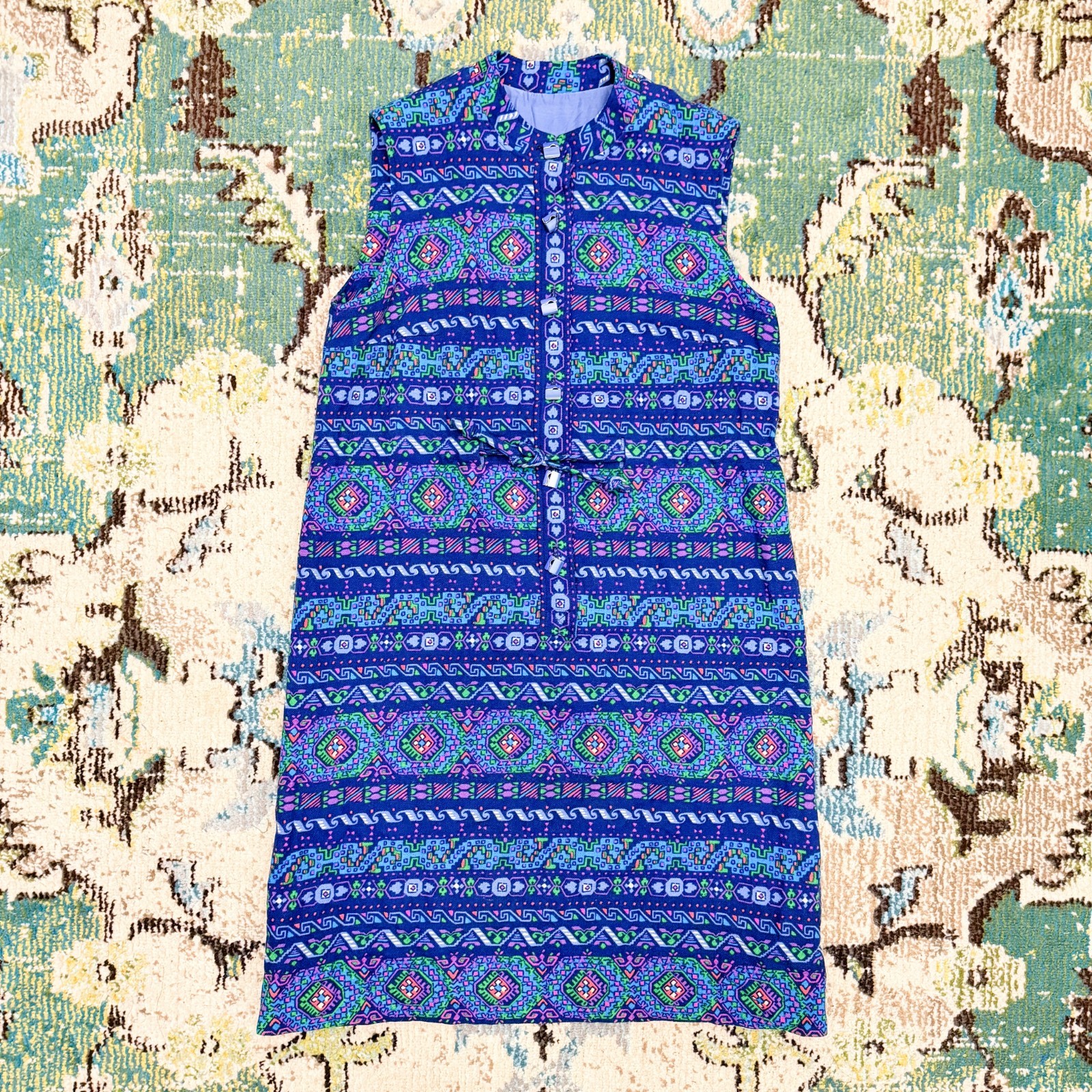 Vintage Psychedelic 1960s Striped Wool and Silk, Mock Collar Mini Dress Size S