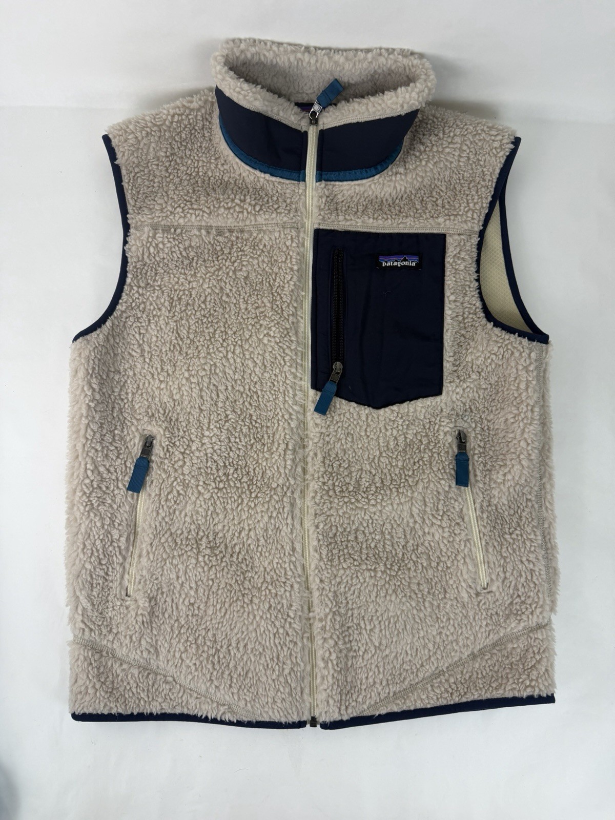 Patagonia Retro-X Sherpa Fleece Vest Medium M Neutral Beige Blue Teal Windbreake