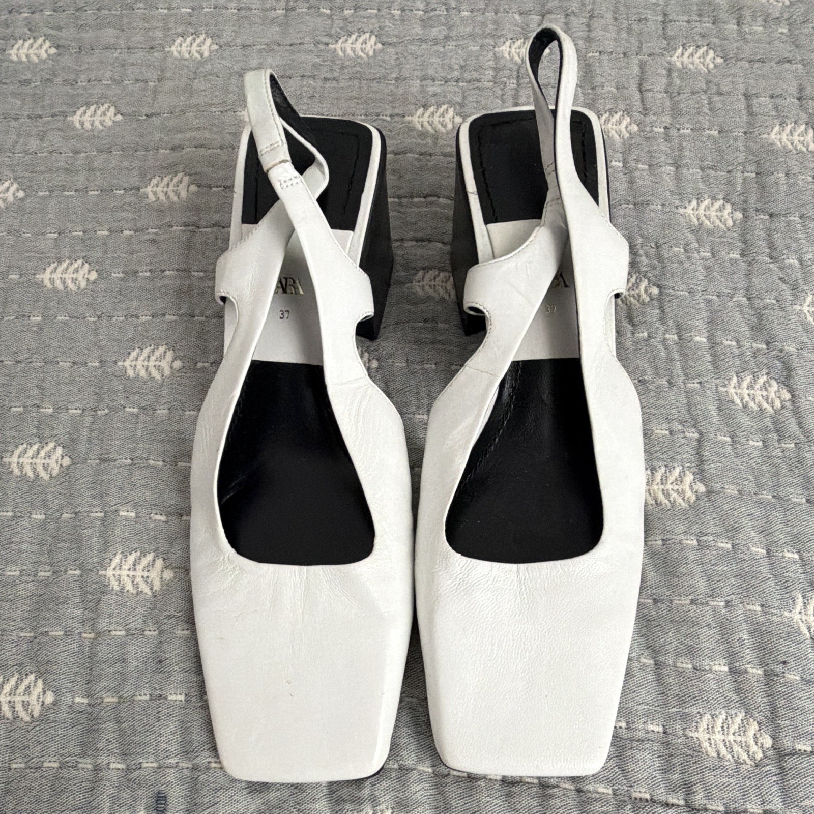 Zara White/Black Square Toe Slingback Block Heel Faux Leather Pumps EU 37