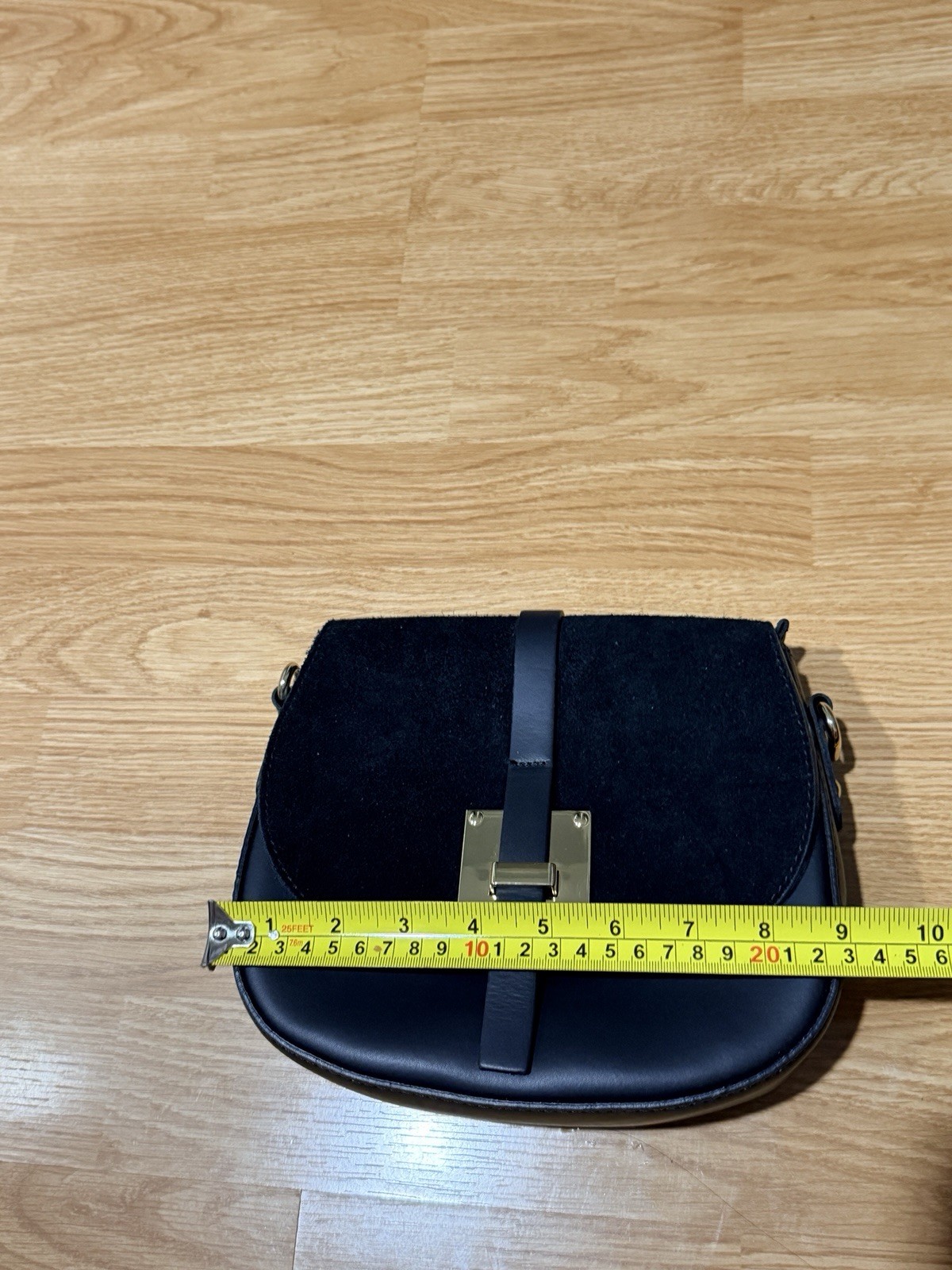 Italian Black Leather & Suede Saddle Bag Crossbody Gold Hardware Made in Italy