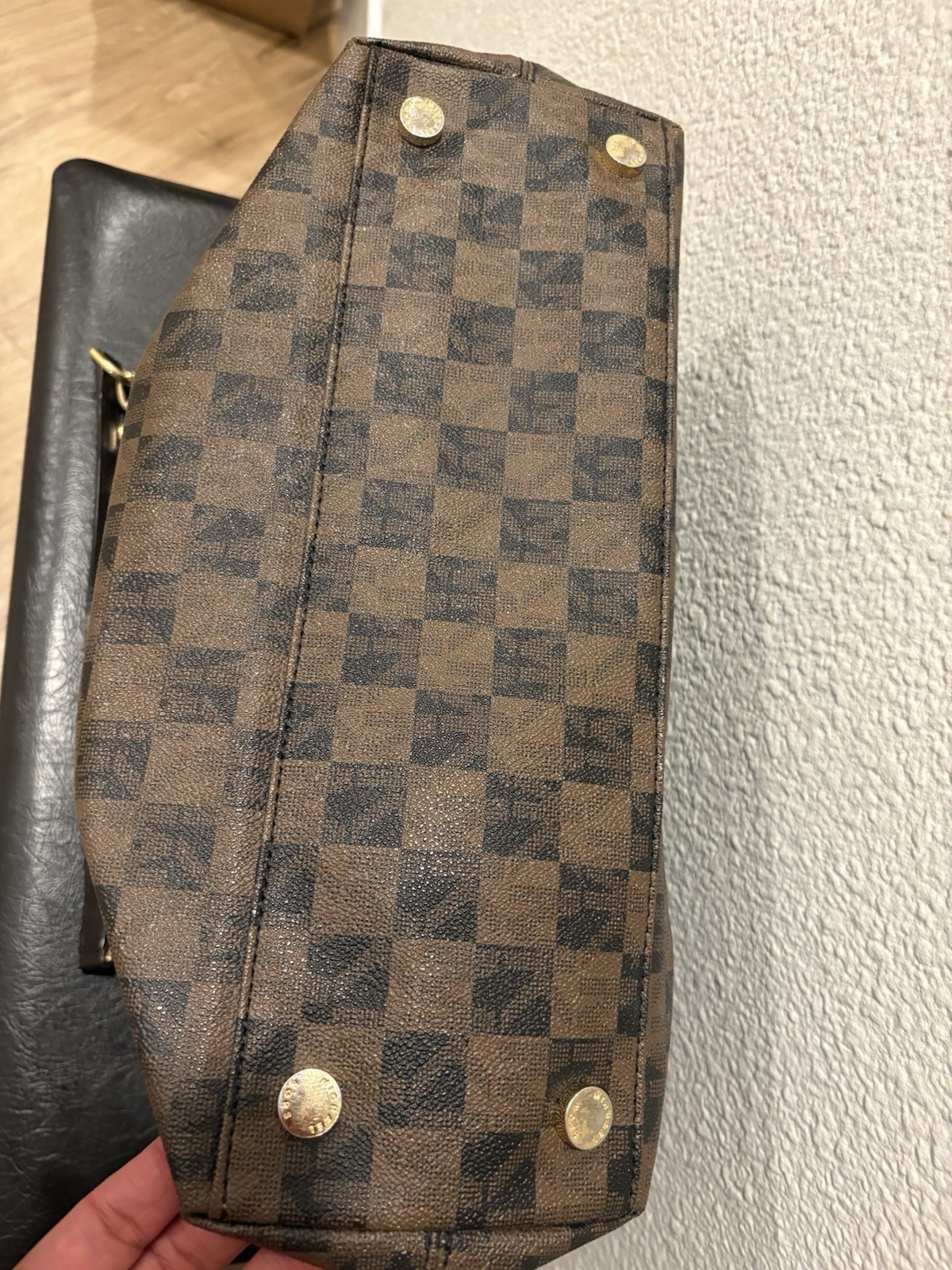 Michael Kors Brown Check Tote Bag Zip Closure Gold Hardware Chain Double Handles
