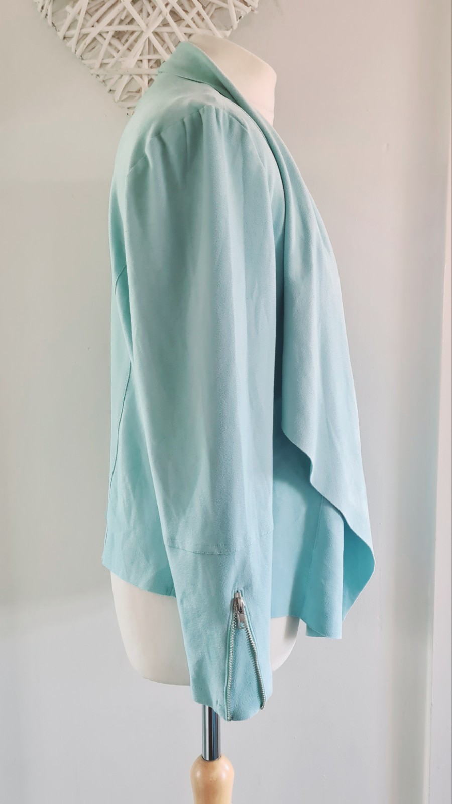 Ladies First Avenue Spearmint Blue Faux Suede Open Biker Style Jacket Size L 14