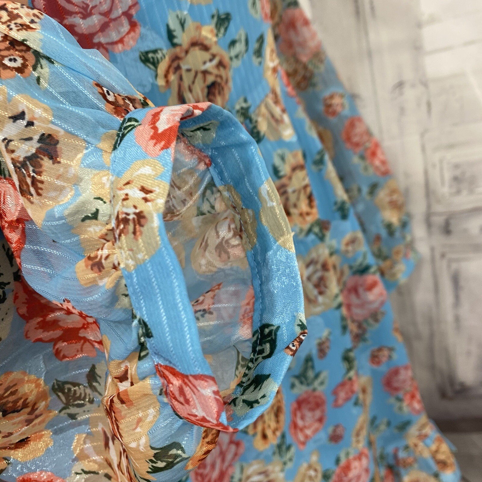 Adelyn Rae Medium Blue Floral Vero Poet Sleeve Ruffle Hem A-Line Square Neck B29