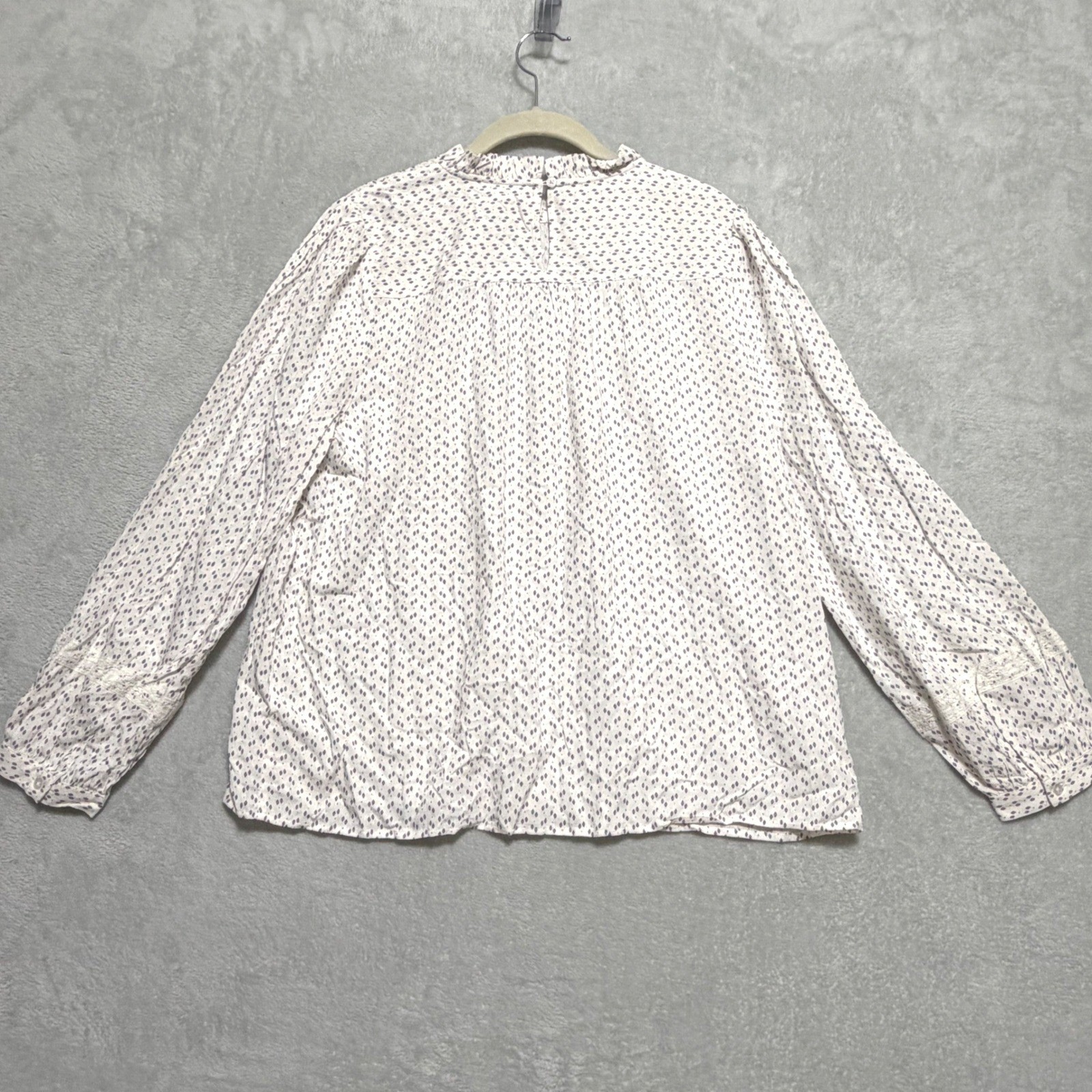 LOFT Blouse Womens Large White Diamond Print Lace Trim Boho Ruffle Neck