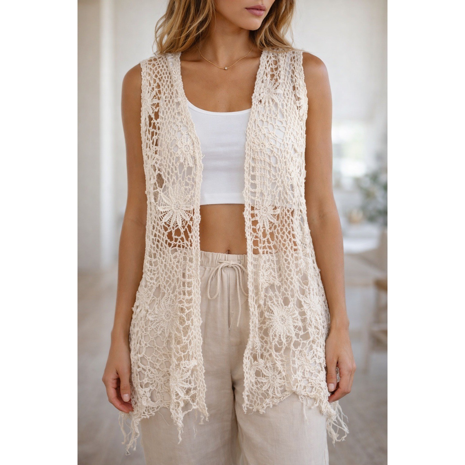 American Rag Cie Ivory Crochet Lace Long Vest Boho Floral Fringe XL