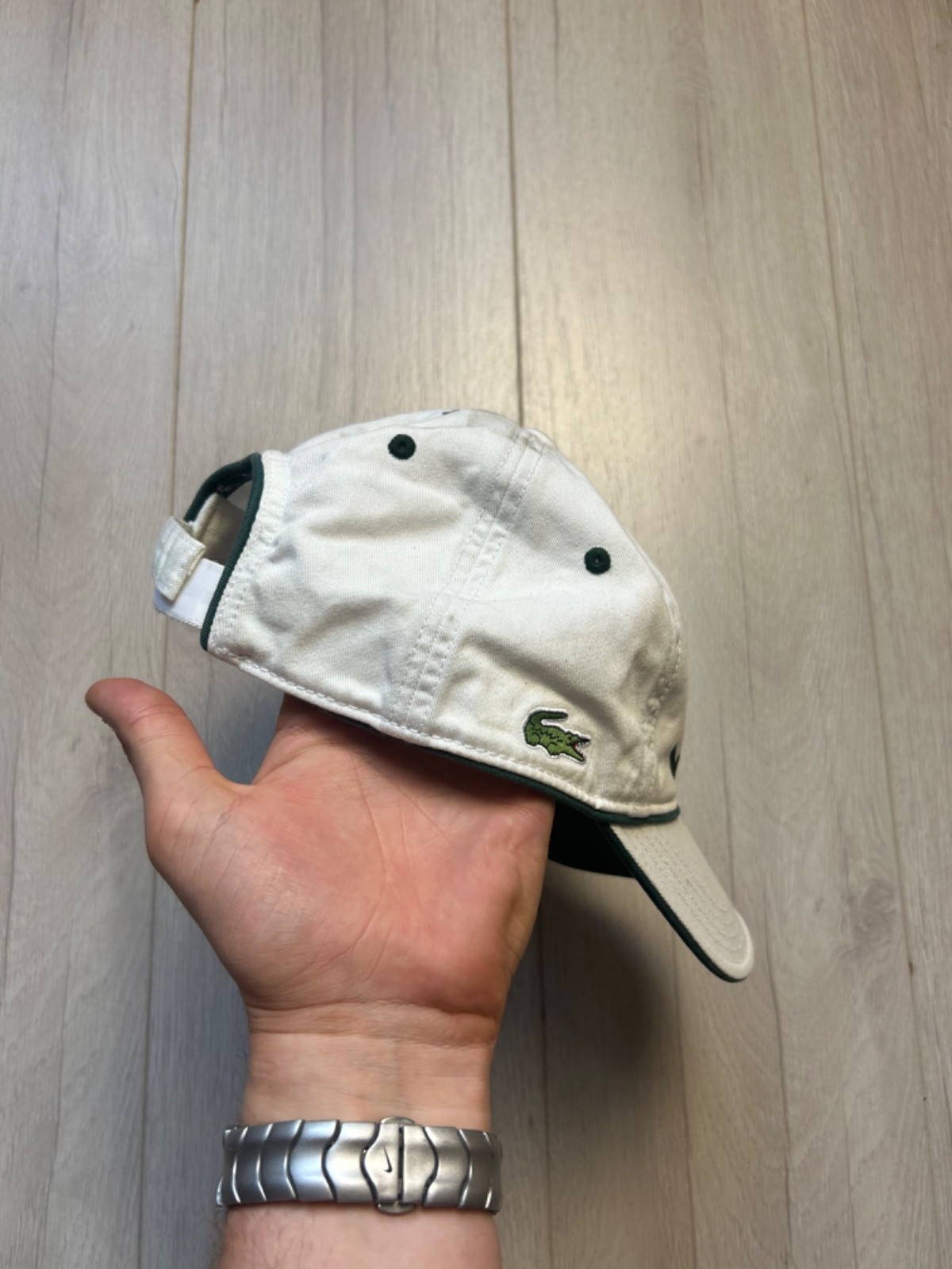 Vintage Lacoste Baseball Cap Hat White Green Spellout Embroidered Logo Strapback