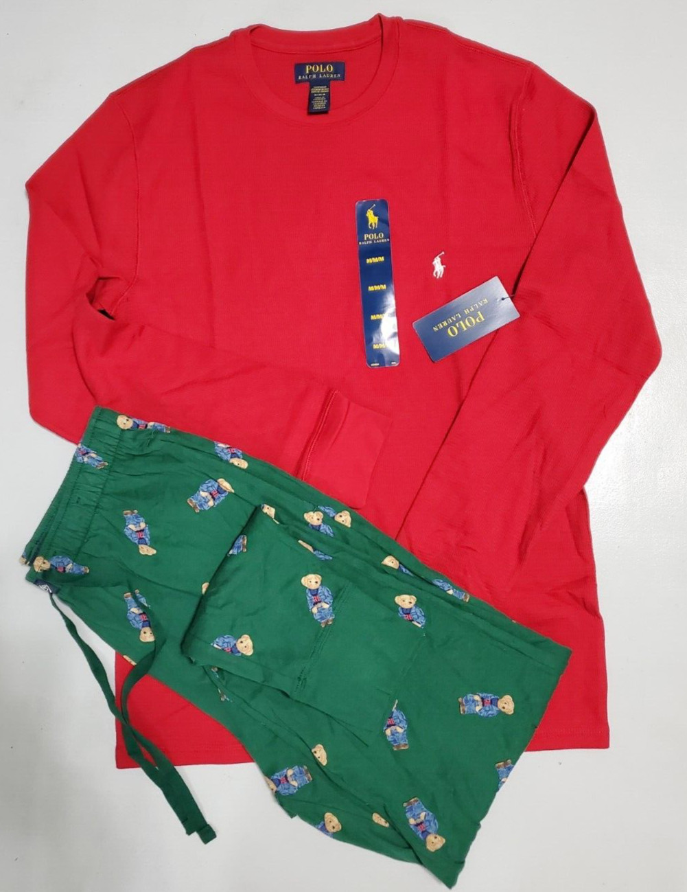 POLO RALPH LAUREN DRAWSTRING WAIST MENS POLO BEAR GREEN & RED PAJAM SET: (M)