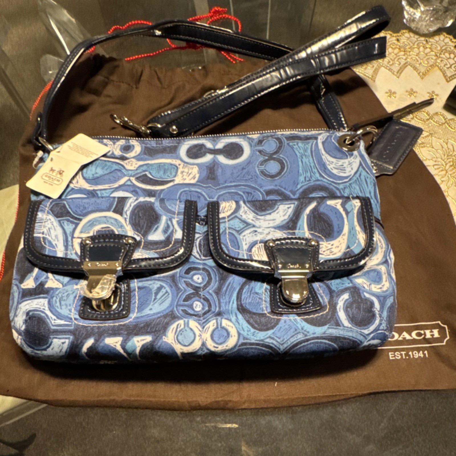 Coach Blue White Logo Pattern Shoulder Bag Detachable Strap Designer Accent