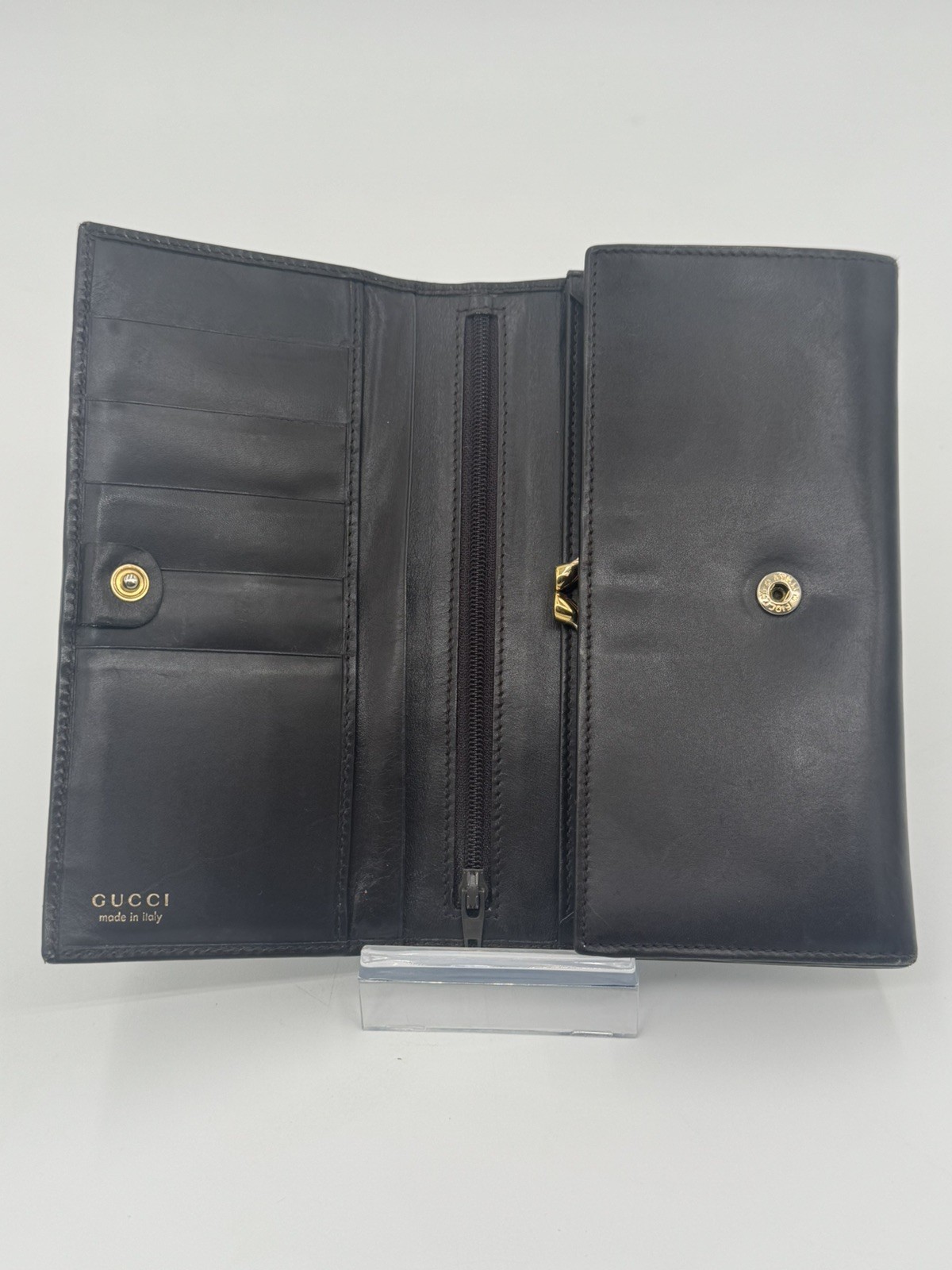 GUCCI Horsebit Long Wallet Clutch Tainted Indigo/Brown Leather Gold Hardware