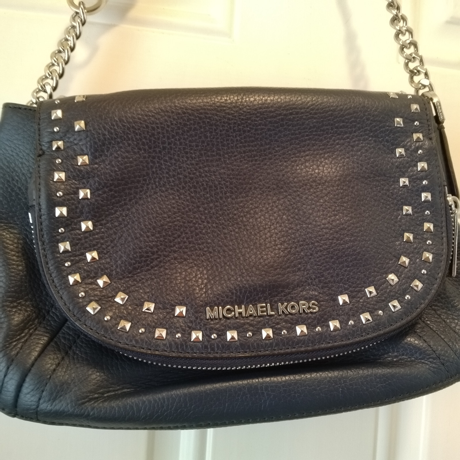 Michael Kors Navy Blue Studded Leather BA-1806 F18 small Satchel Purse P1316