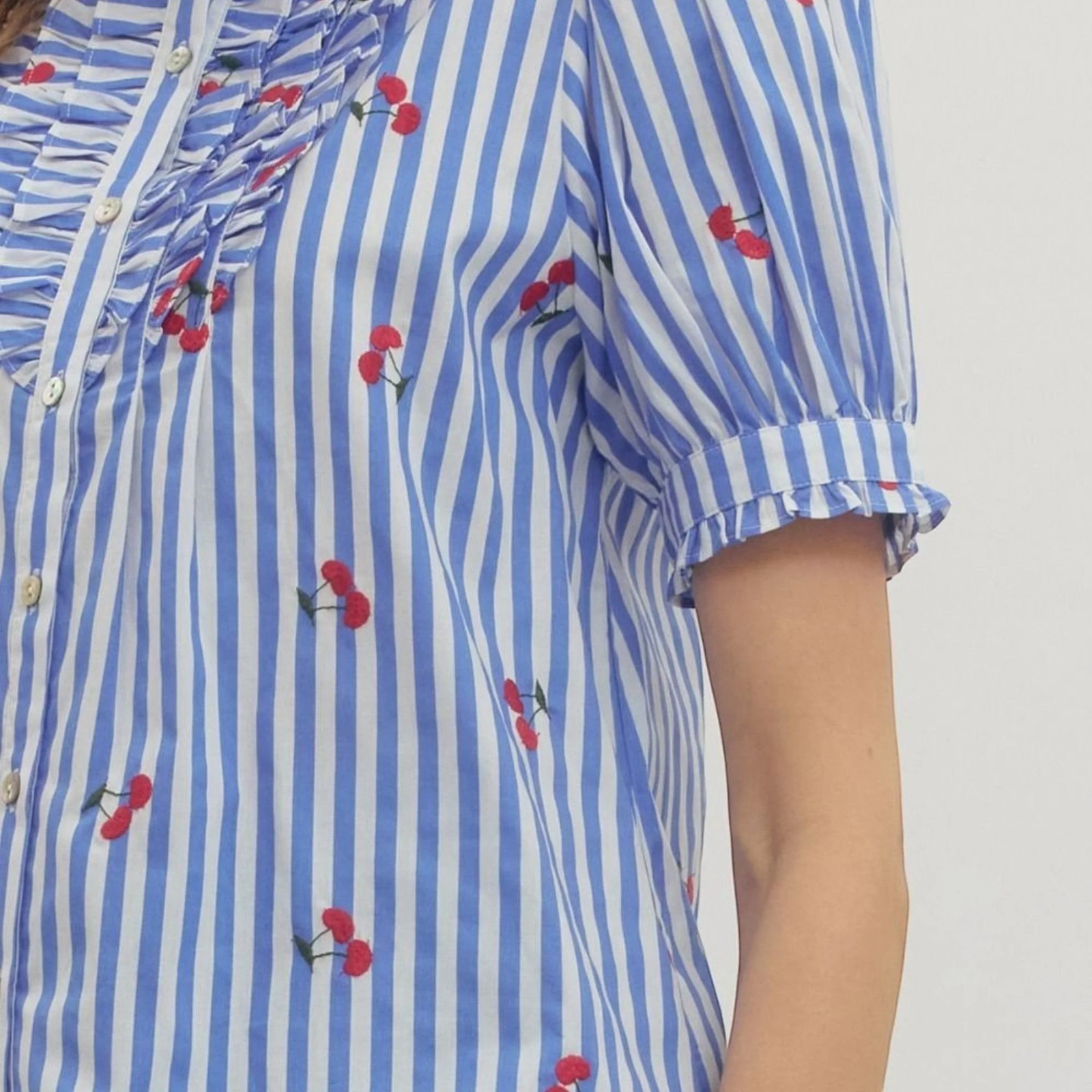 Entro Blue Striped Ruffle Bib Front Embroidered Cherries Puff Short Sleeve Top