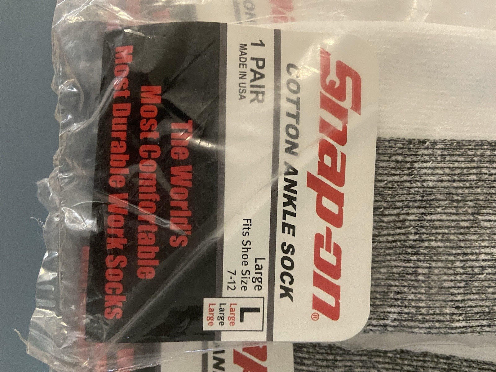 Snap-on Men’s Cotton Ankle Athletic Socks Colorblock Logo Size L 1 Pair Wht/Gr