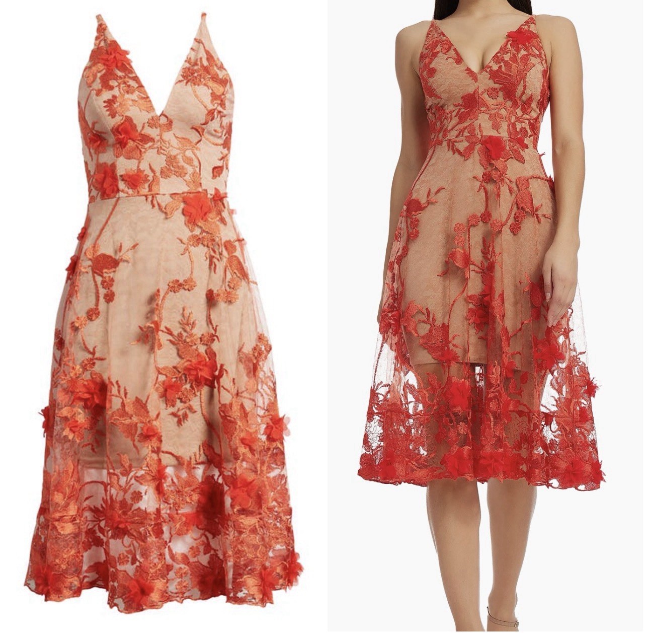 Dress the Population Audrey Red/Beige Floral Embroidered V-Neck Midi Dress S NWT
