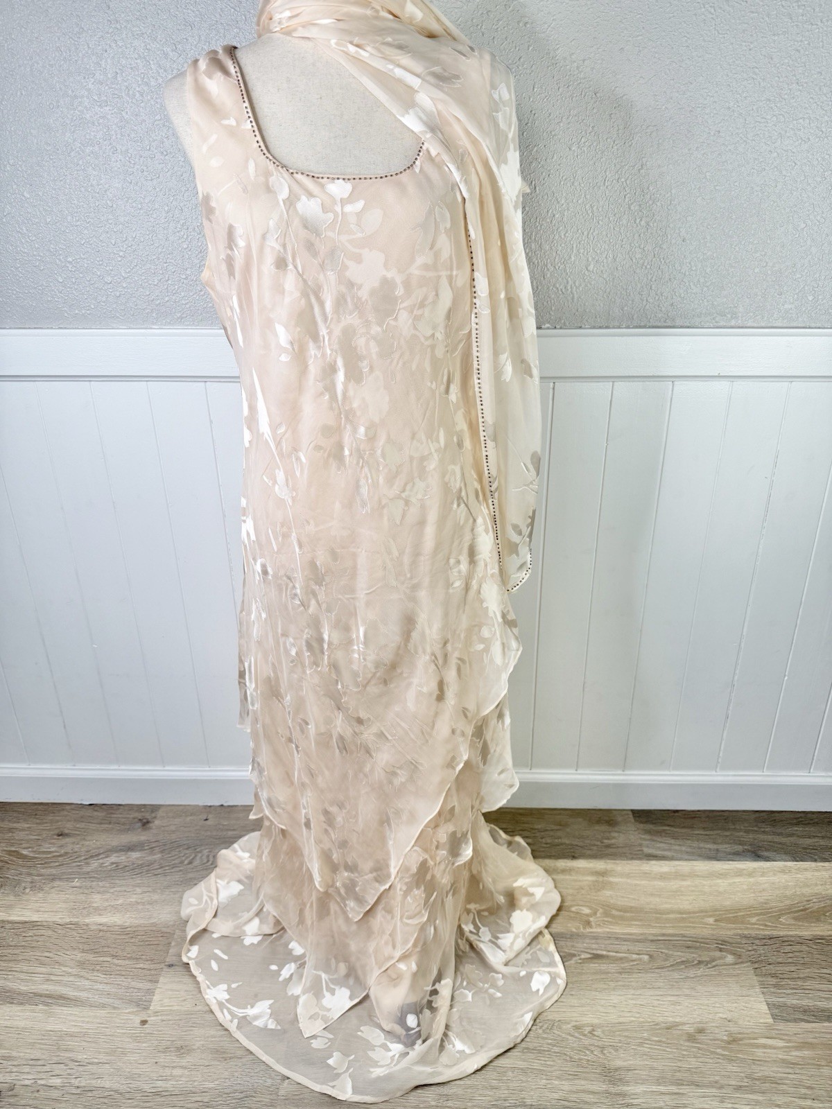 Soulmates Dress Tiered Maxi Peach Beaded 100% Silk Mother of Bride Elegant XL