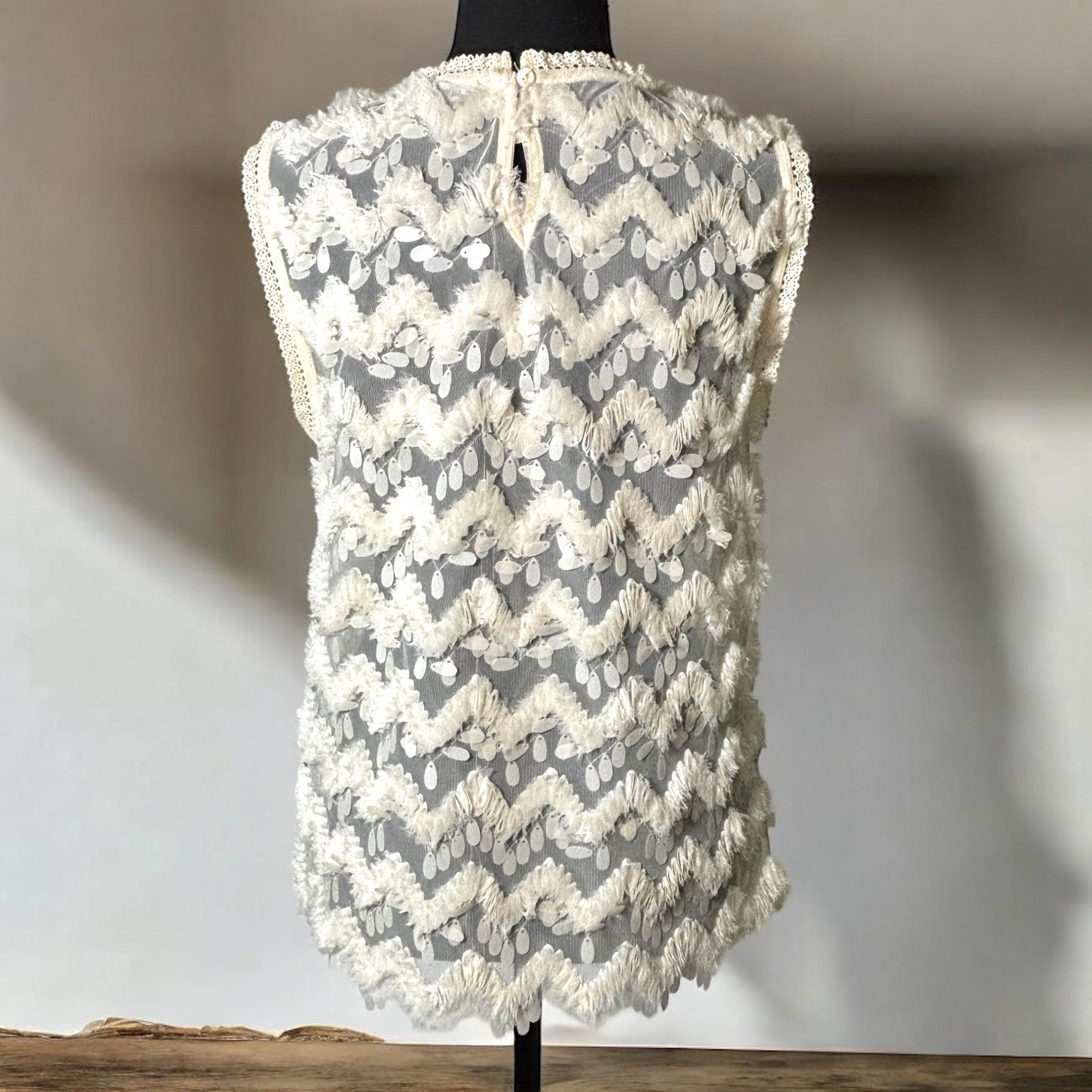 Anthropologie BLUE TASSEL Ivory Semi Sheer Top Sleeveless Embellished Women’s S