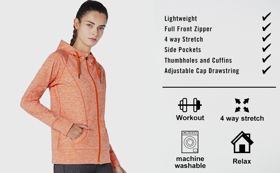 Women Lightweight Active Full Zip Hoodie with Pocket Quick-drying Running Hoodie