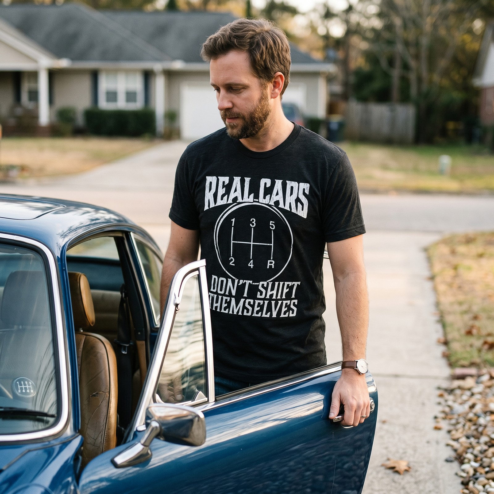 Mens Real Cars Don’t Shift Themselves T Shirt Funny Driving Tee