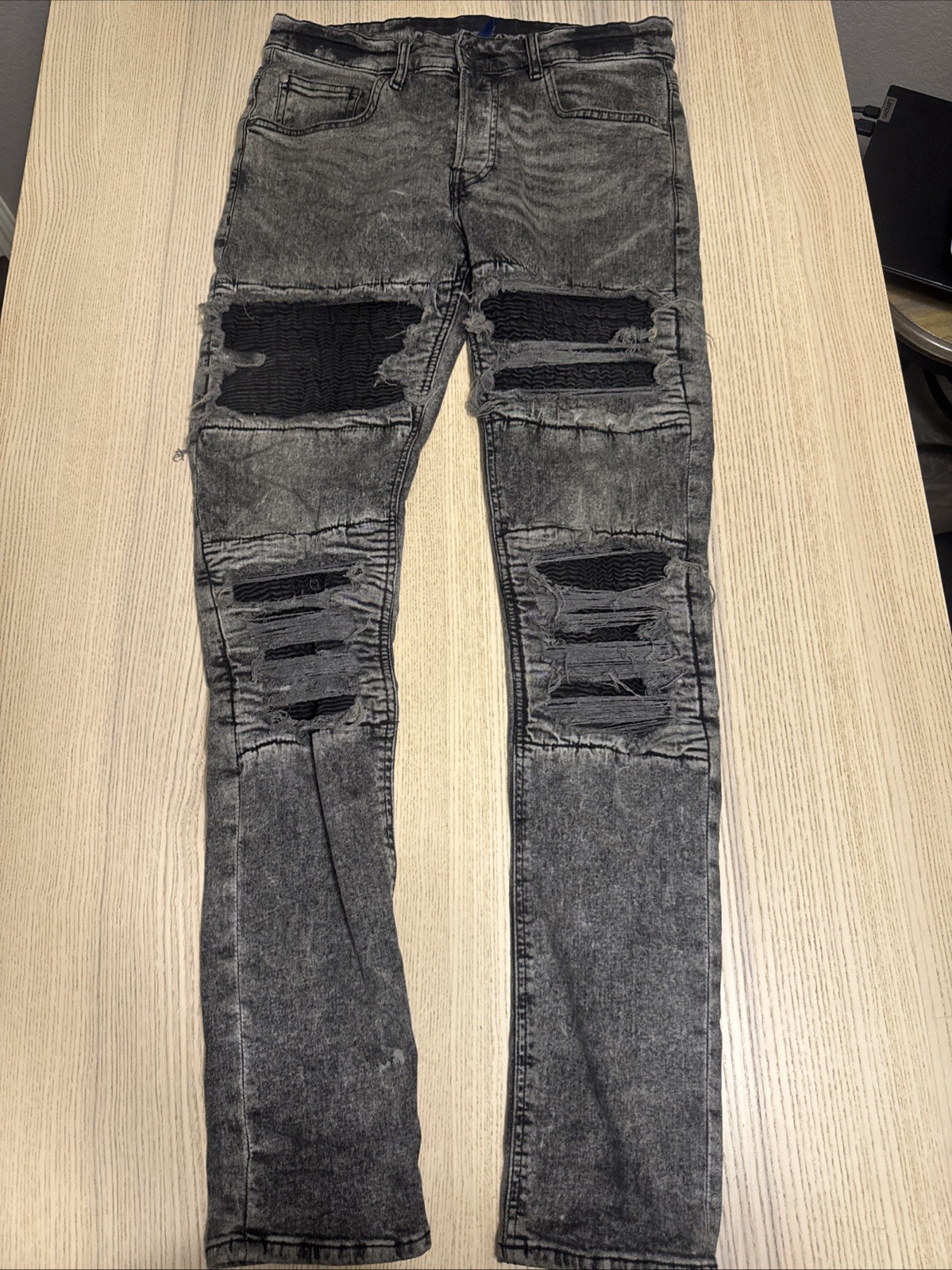H&M Divided Mens Skinny Biker Jeans Gray Acid Wash Distressed Rip Repair 33
