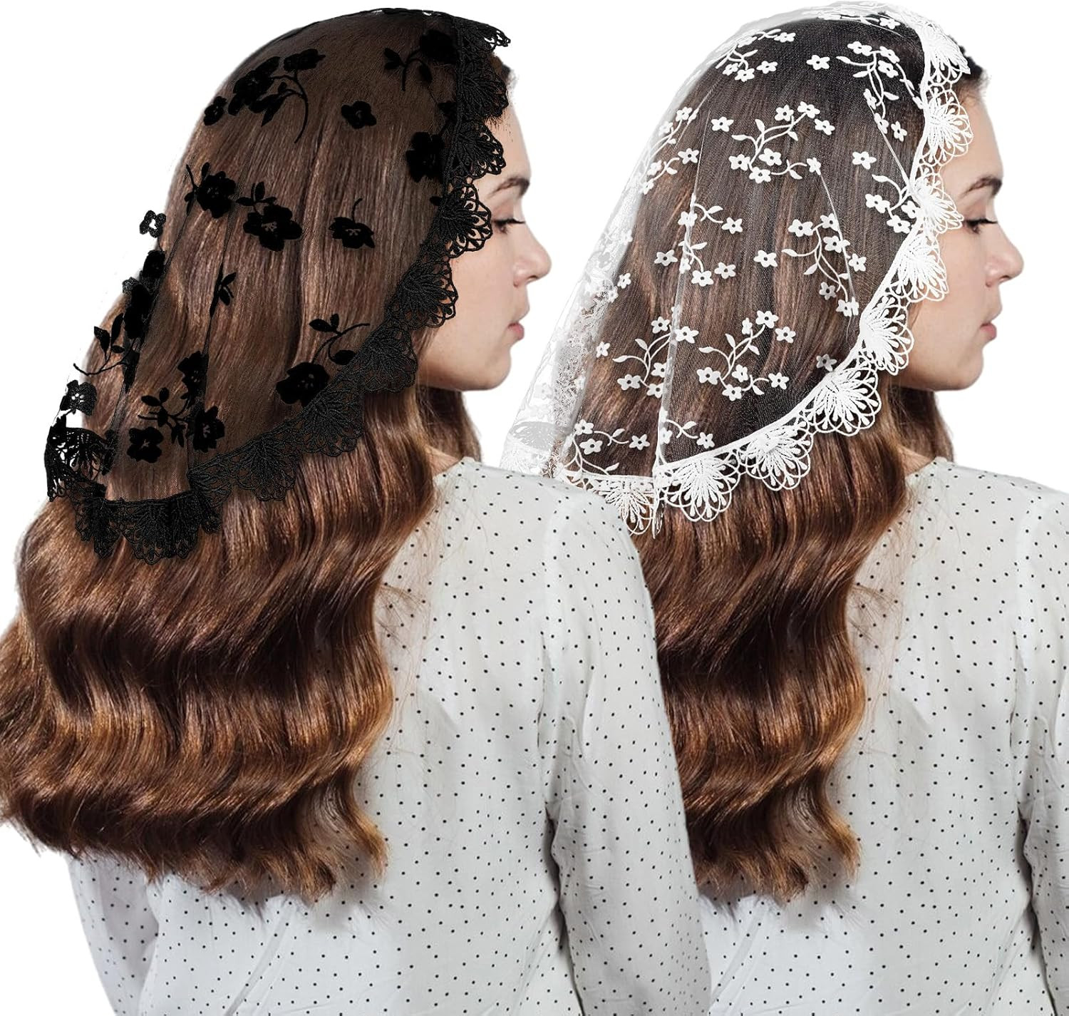 2 Pcs Women Lace Head Coverings Veil Scarf Church Bridal Wedding Black White