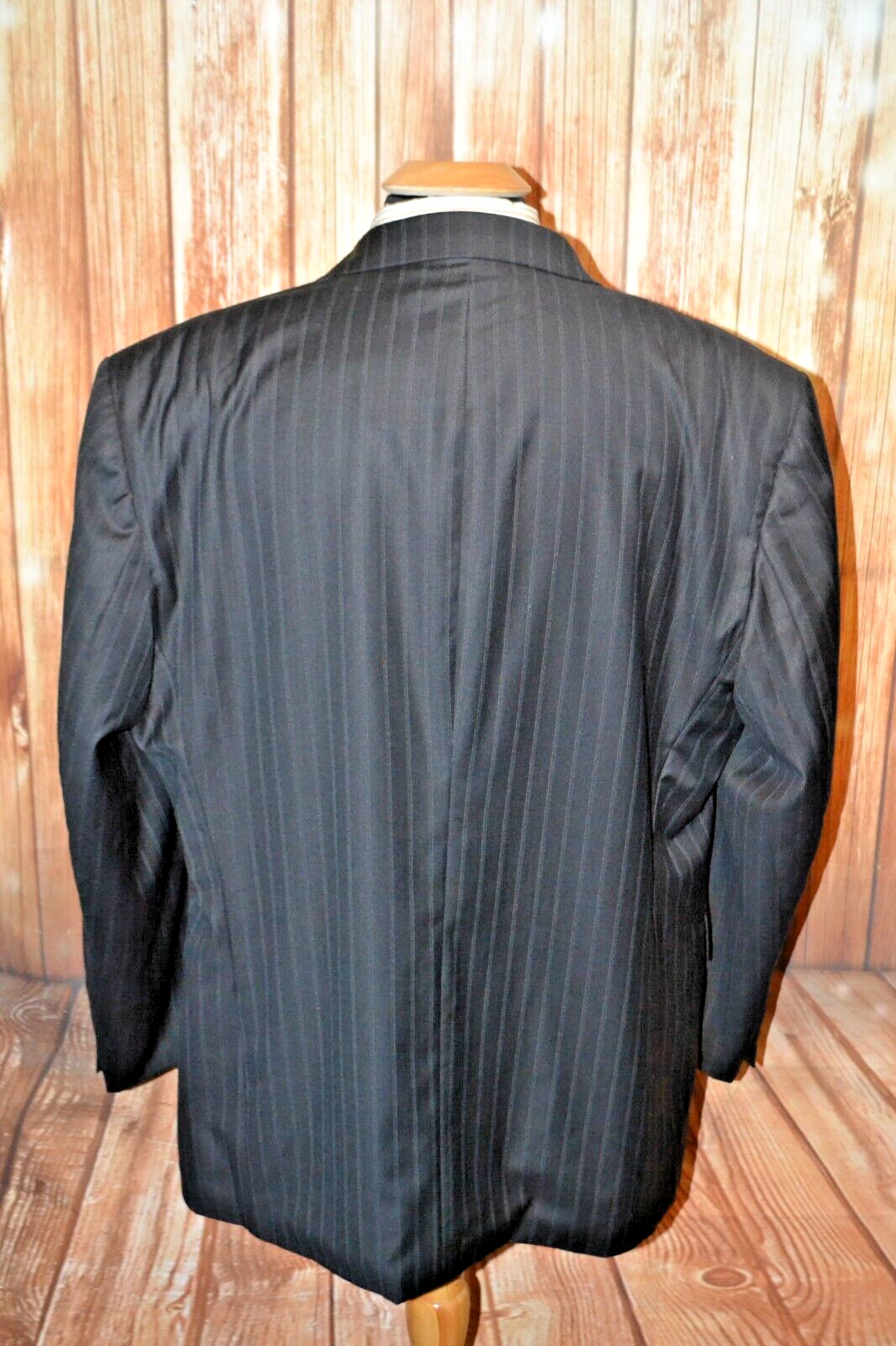 Lineage Men Black Super 120 Wool Stripe 3 Front Button Suit Sz 48R Wst 40×28