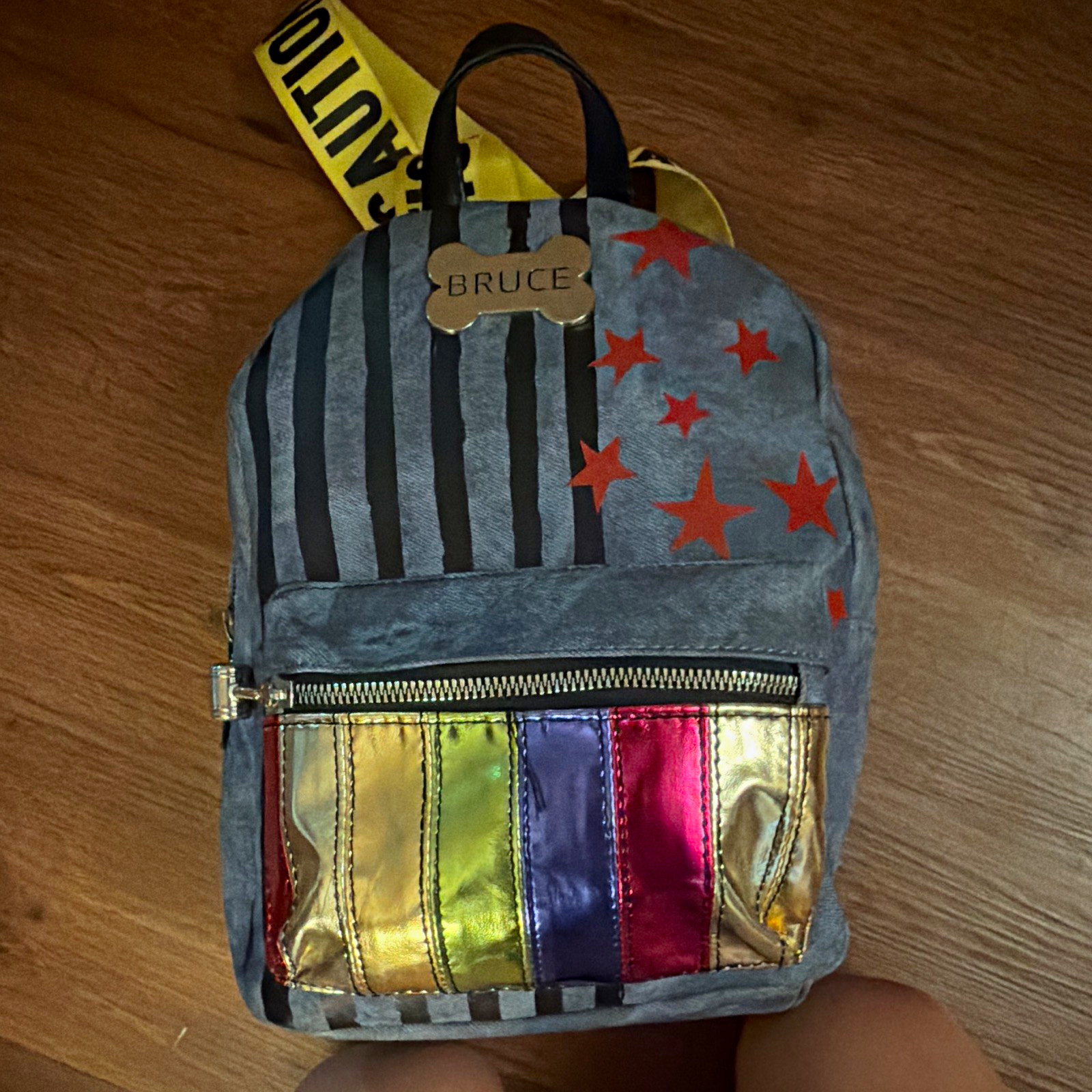 Mini Unisex Kids Backpack Gray Striped Stars “BRUCE” Patch CAUTION Straps