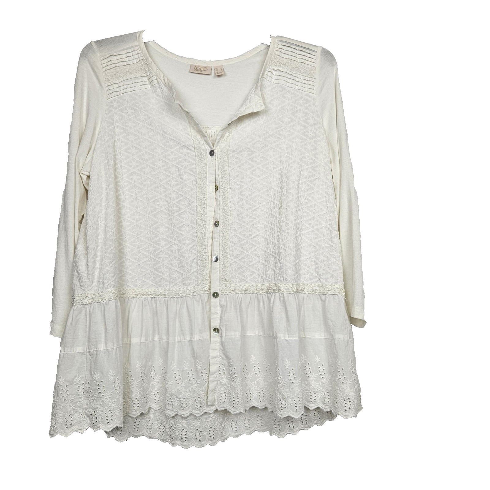 LOGO Lavish Womens Off White Top M 3/4 Sleeves Eyelet Lace Ivory Button