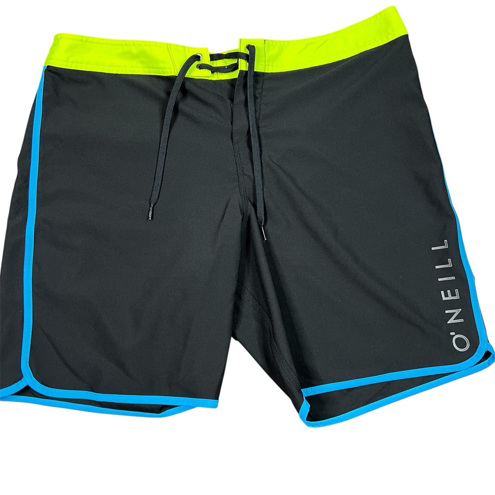 O’Neill Board Shorts Mens 38 Black Neon Yellow Blue Swim Surf Trunks Stretch