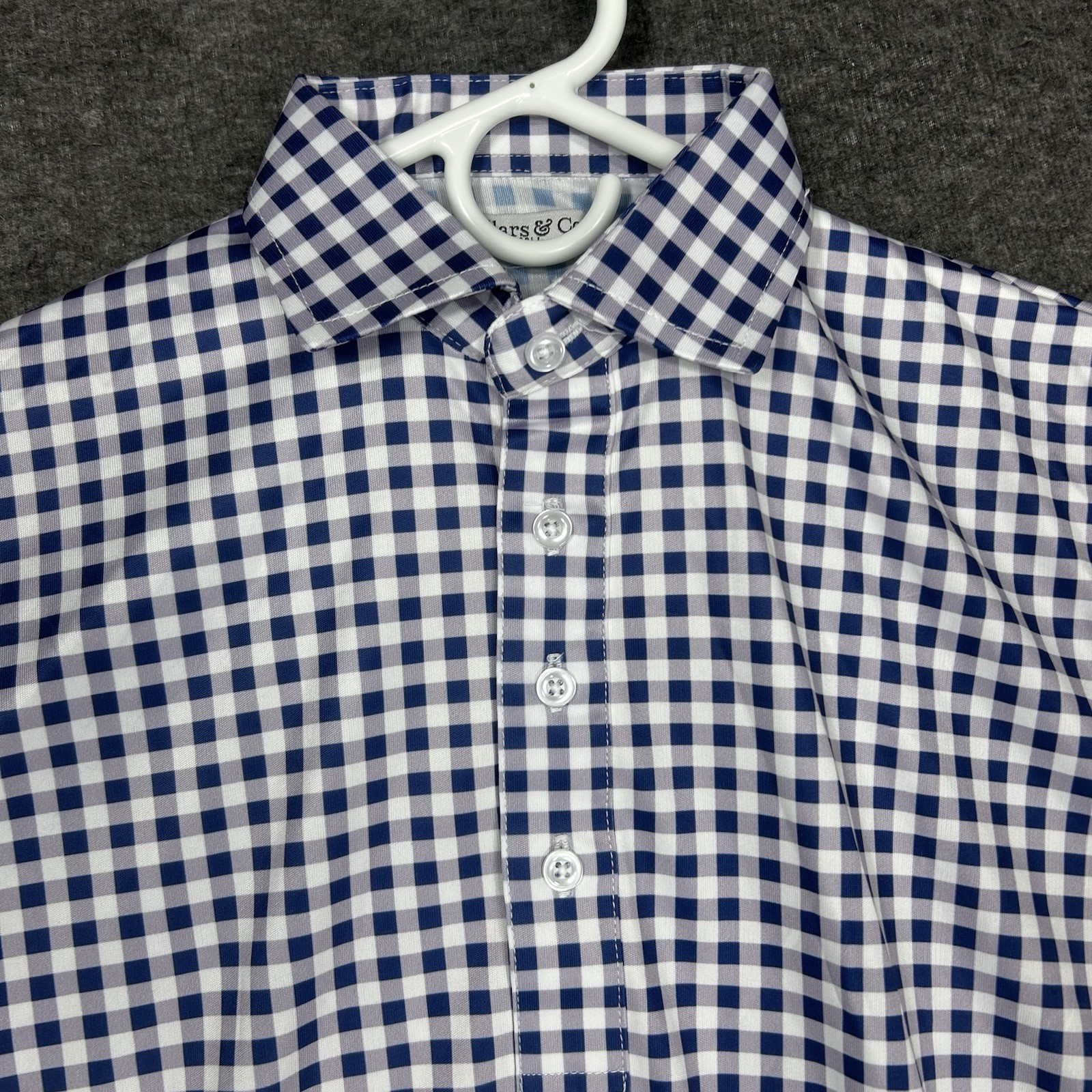 Collars and Co Polo shirt Mens S Blue Gingham stretch Spread Dress Collar