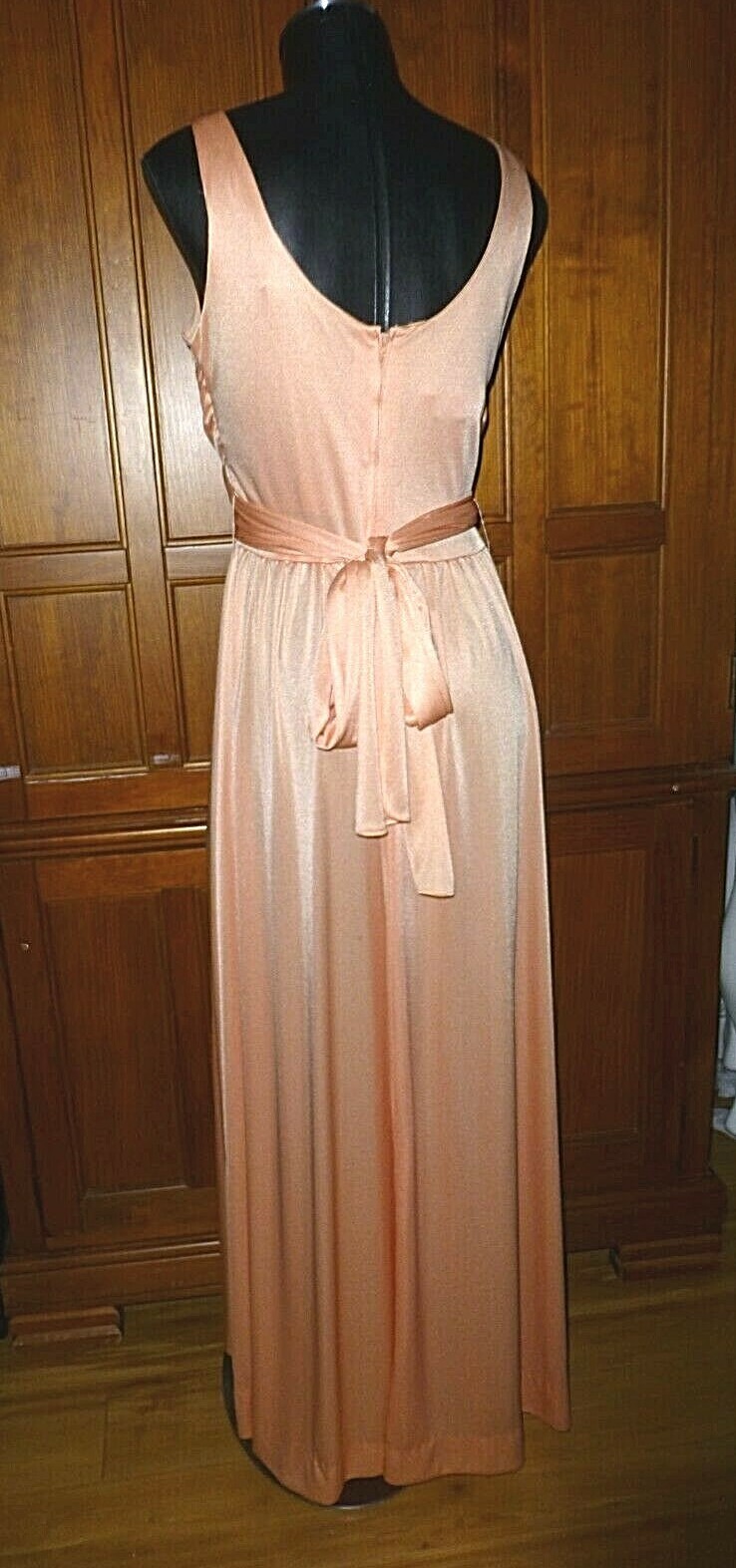 Vtg 70s Peach Silky Jersey Knit Grecian Boho Cocktail Evening Wedding maxi Dress