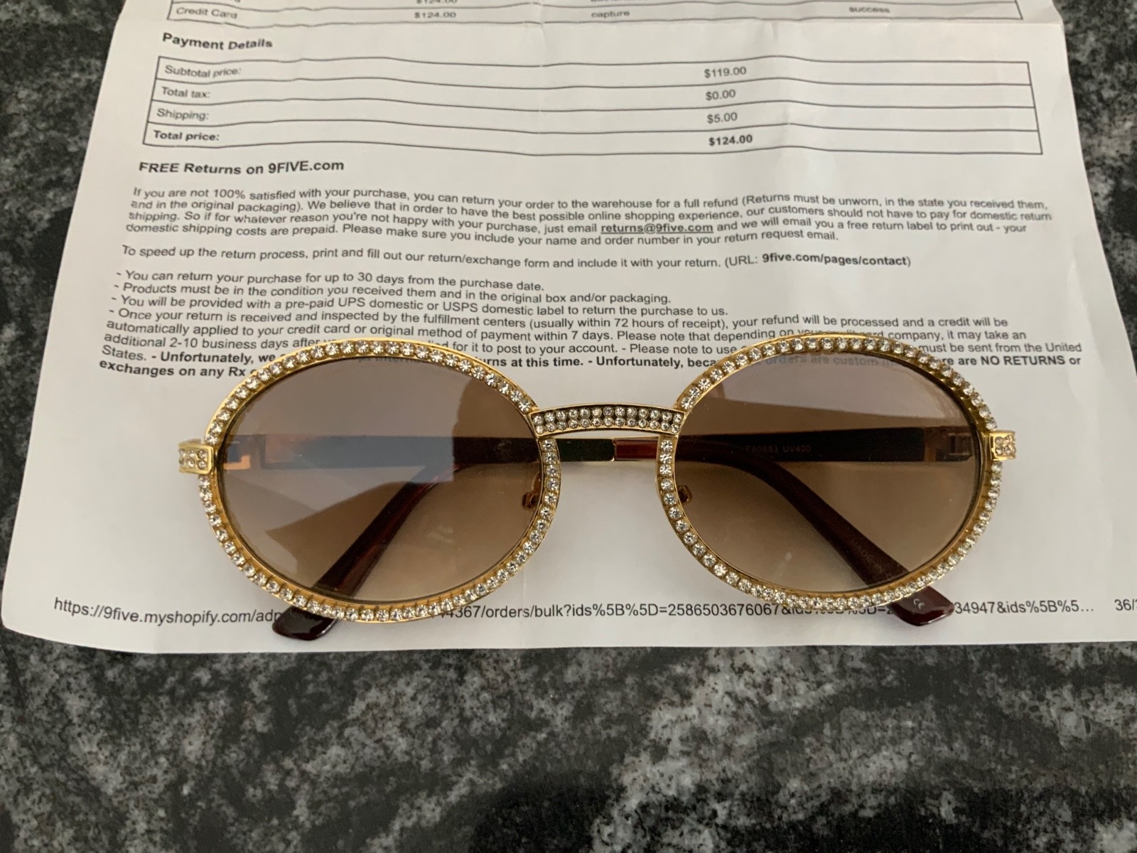 9FIVE 24k Gold Sunglasses CR-39 with box and original sales order w/small flaw