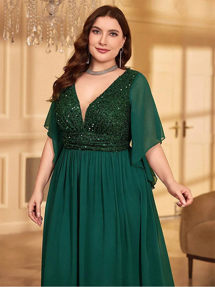 Luxury Plus Size Chiffon V-Neck Sequined Evening Dresses Big Size Floor-Length