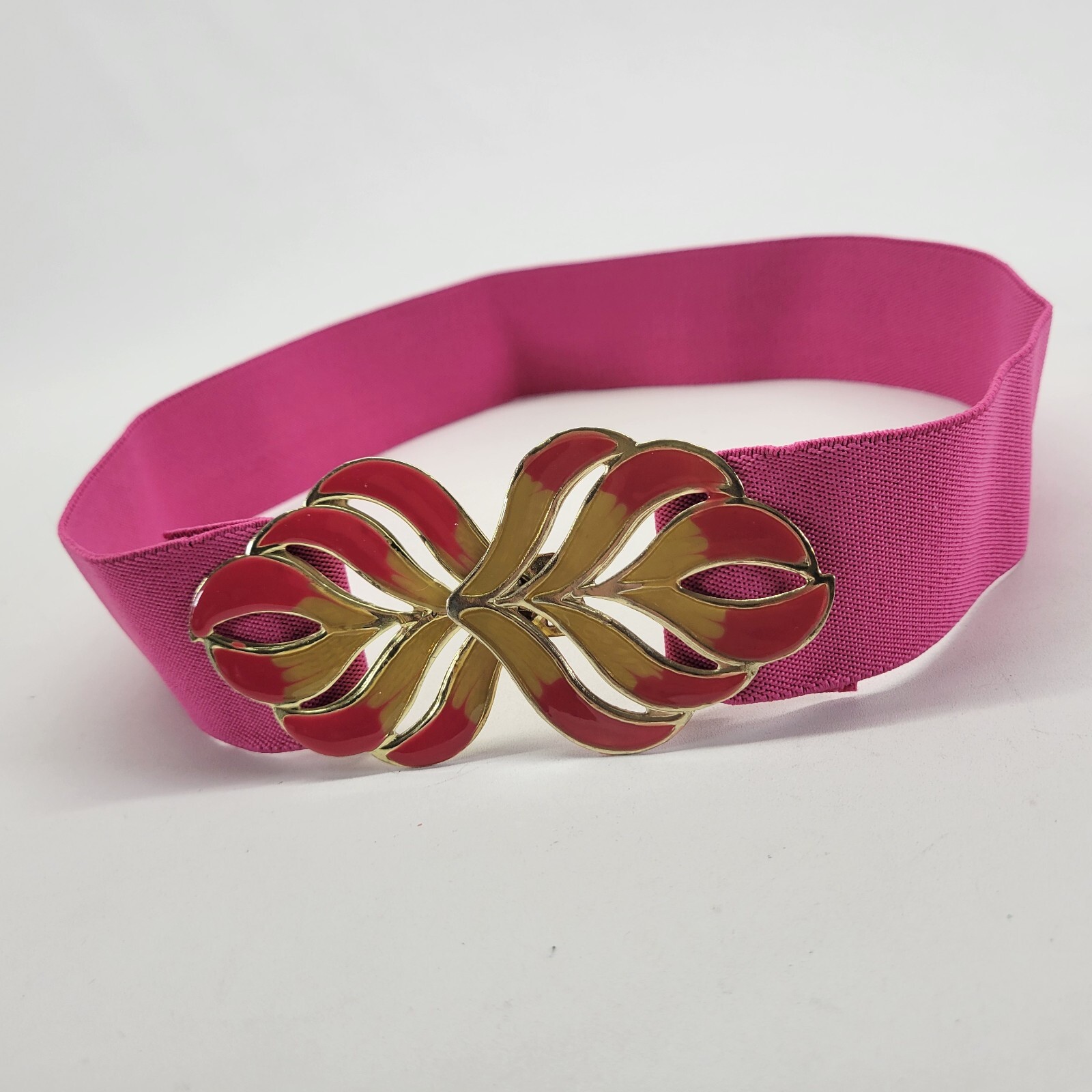 Stretch Belt 30 32 34 Leaf Buckle Waist Wide Pink Vtg 1980s