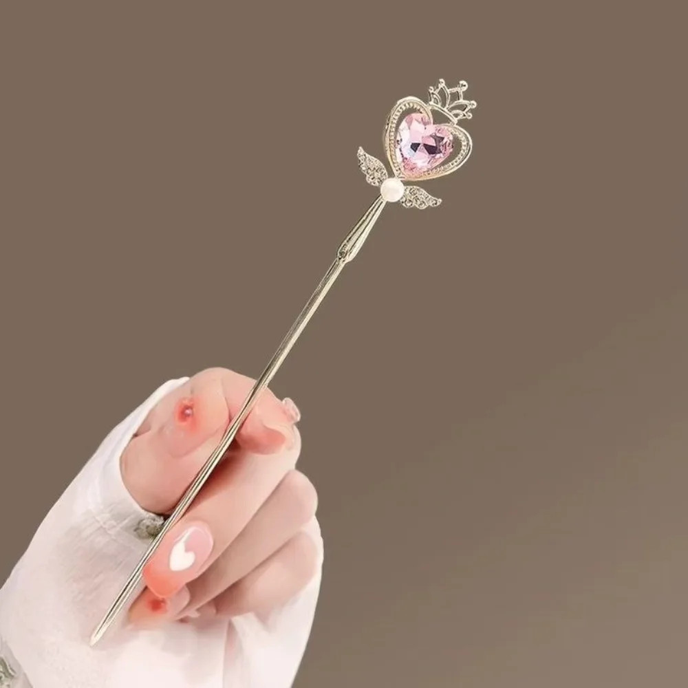 Magic Wand Rhinestone Pearl Hair Sticks Sweet Hollow Heart Bow Crown Alloy Jewel