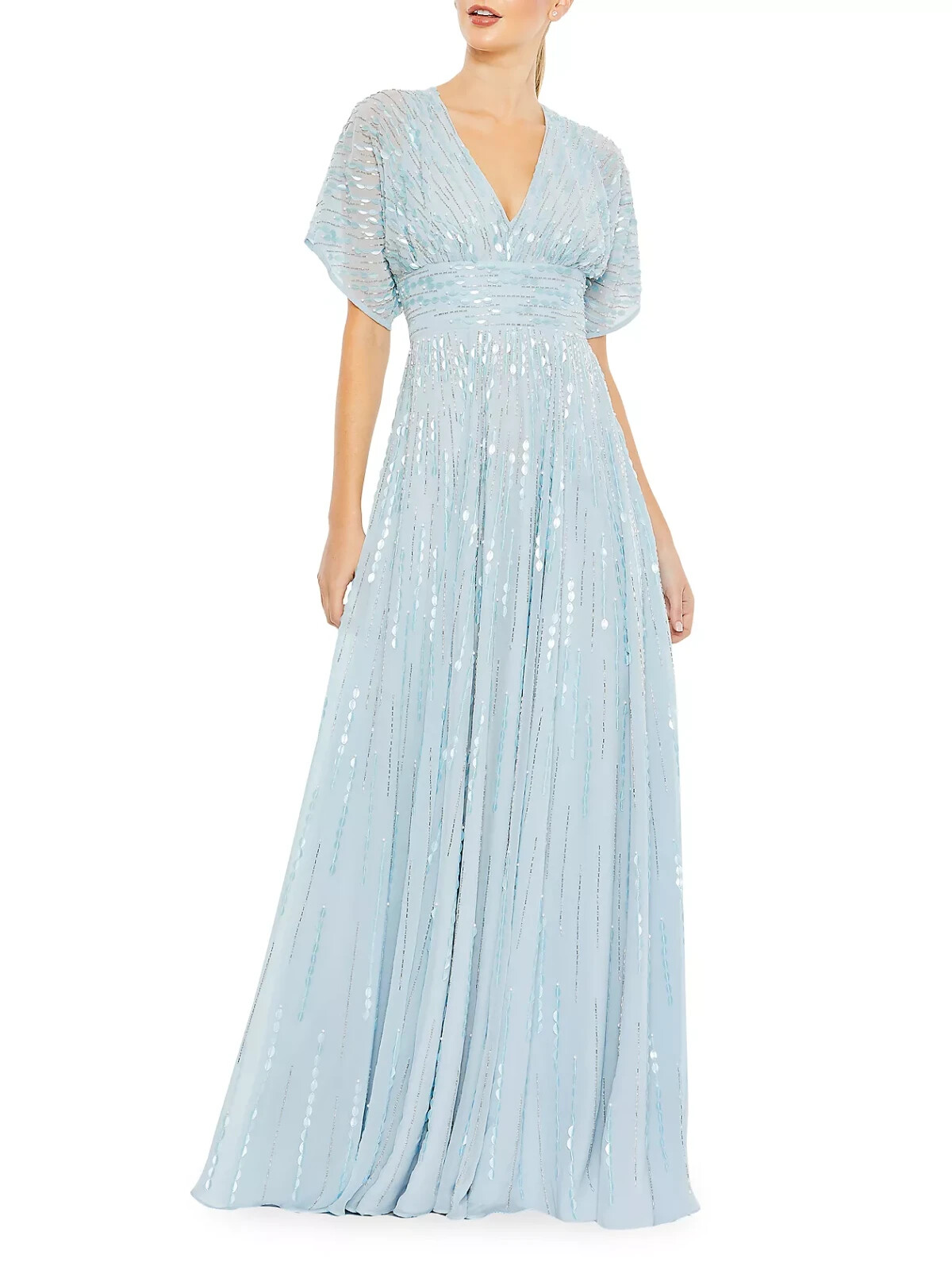 Mac Duggal Powder Blue Embellished V Neck Evening Gown Size 8 $598