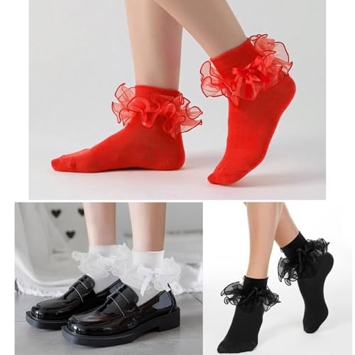 Women Big Ruffle Ankle Socks Double Lace 9-11 3 Pairs – White, Red, Black