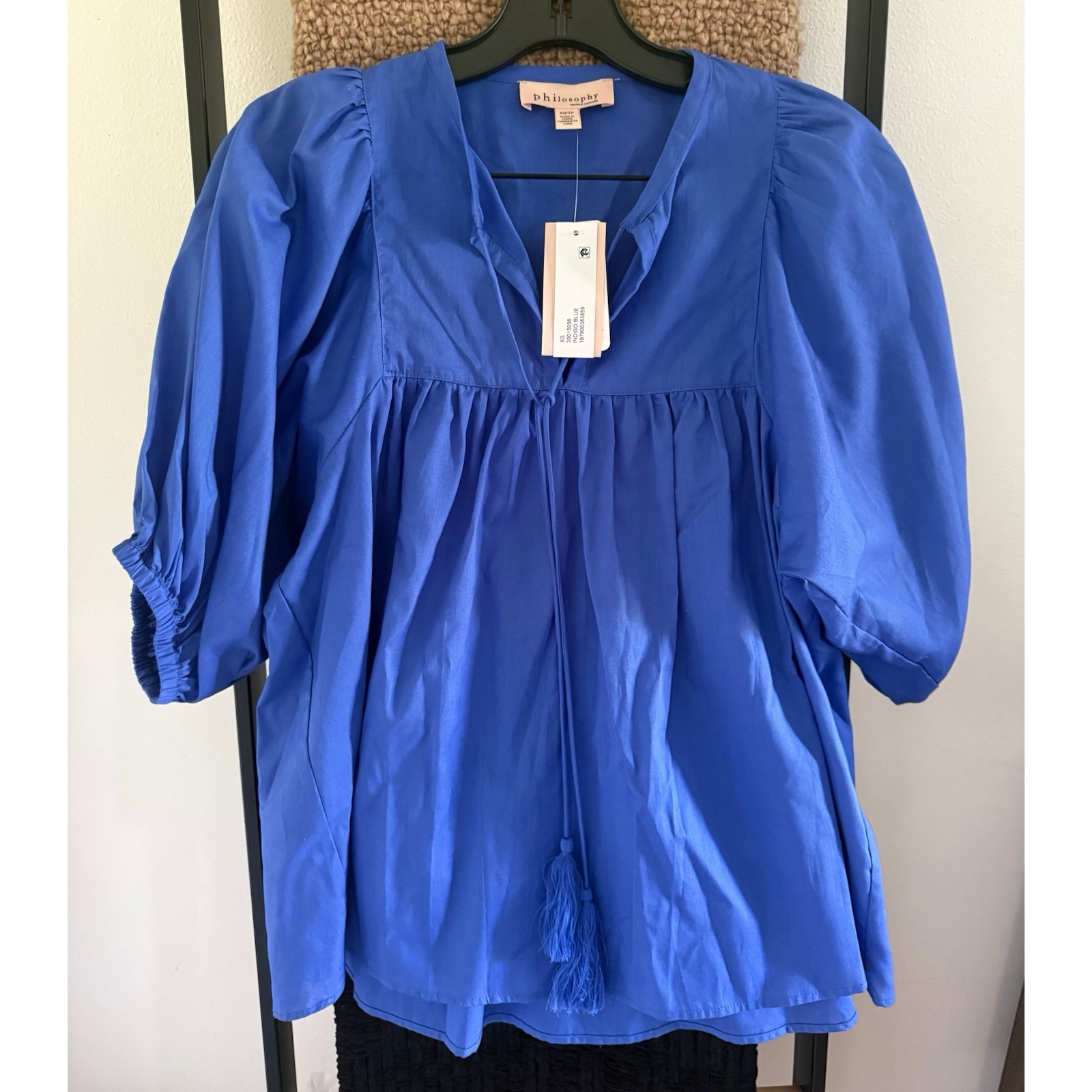 Philosophy Indigo Blue Peasant Style Tassel Shirt Blouse Size XS