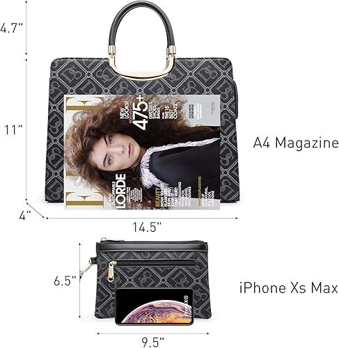 Handbags women, Black w/ gold accents, 14.5″W x 11″H x 4″D, handle drop 4.7″