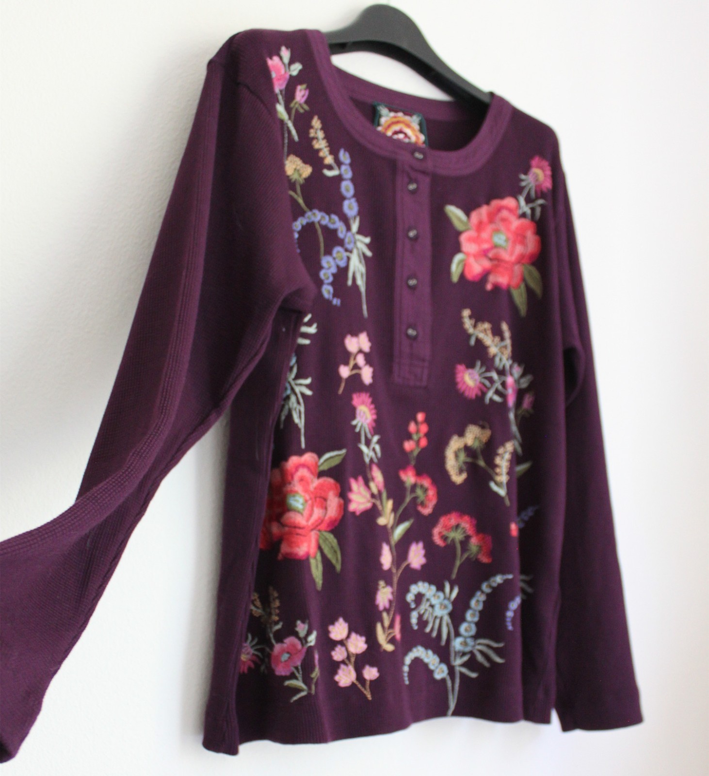 NEW JOHNNY WAS Henley Embroidered Top, Purple, Size XL