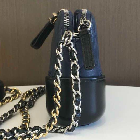 Chanel Blue Black Quilted Leather Mini Silver Gold Chain Diamond Crossbody