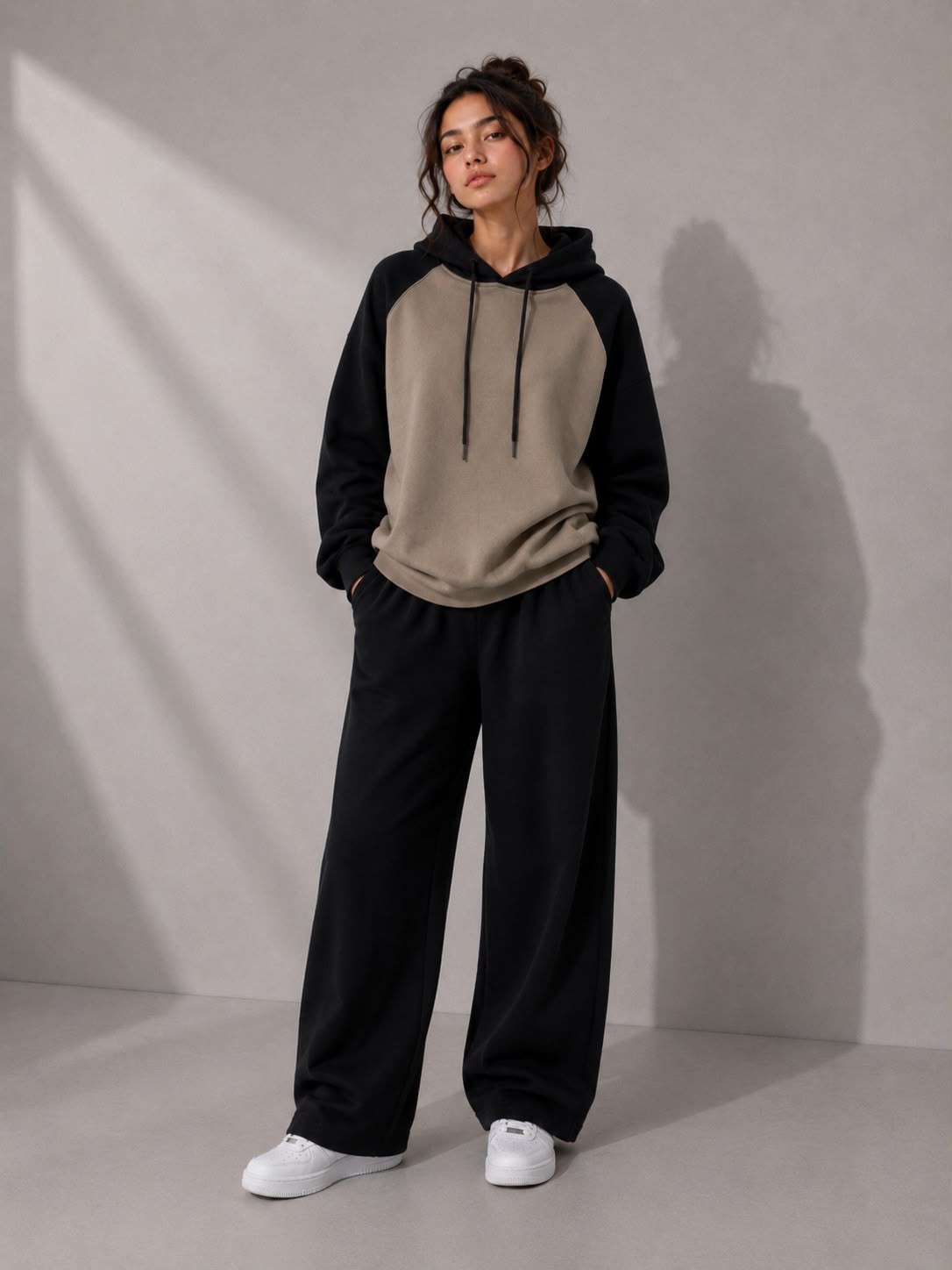 Women’s 2 Piece Hoodie & Wide Leg Pants Set Beige Black Casual Tracksuit Outfit