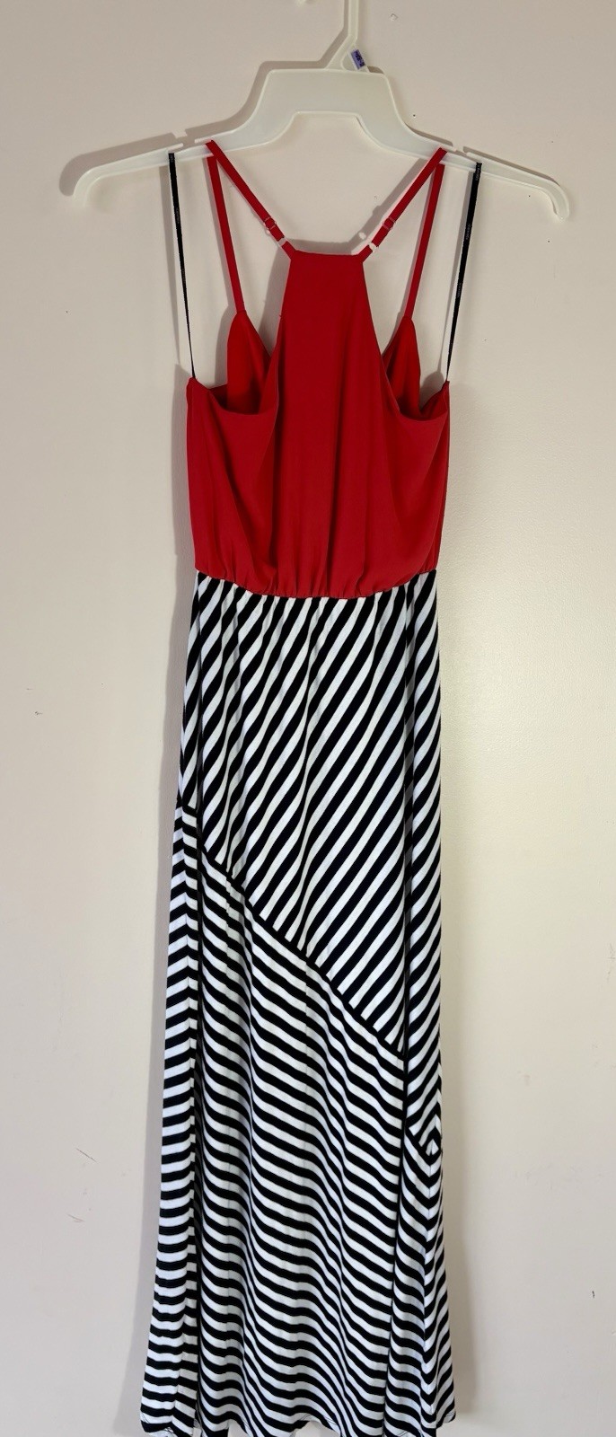 FOREVER 21 Women size Small /Red Black White Striped Maxi V-Neck Spaghetti Strap