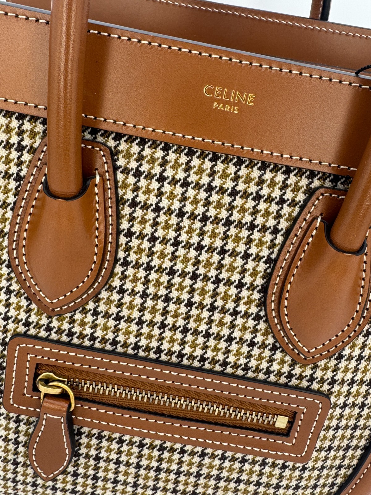Celine Luggage Nano Tote Houndstooth Tweed & Tan Leather Top Handle Shoulder