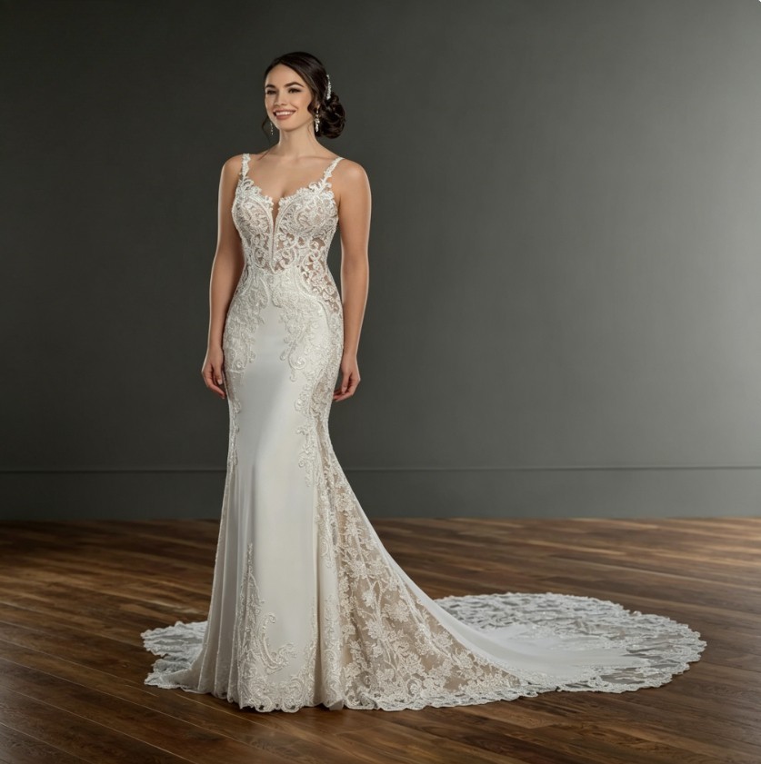 Lace Mermaid Wedding Dress with Sheer Beaded Bodice Long Train Bridal Gown