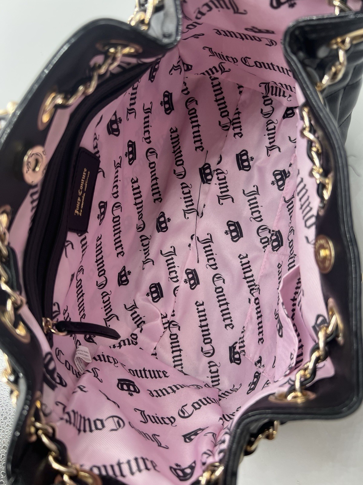 NWT Juicy Couture Black Liquorice Bucket Bag Purse Gold Colored Chain Rhinestone