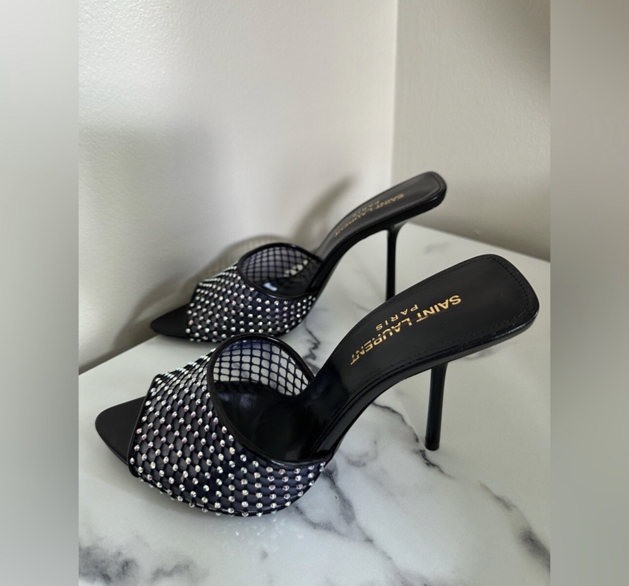 SAINT LAURENT Disco crystal-embellished mesh, PVC and leather mules