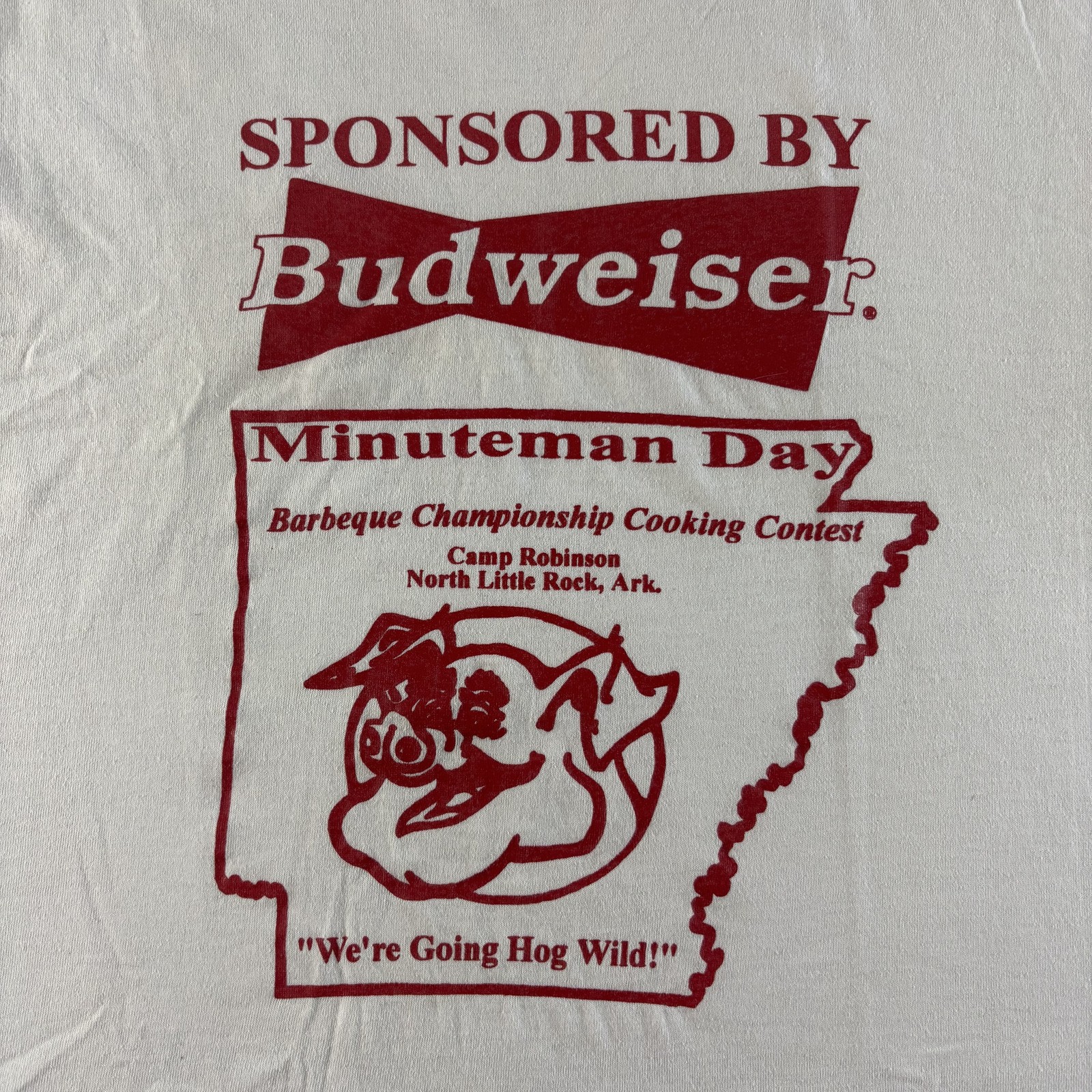 Vintage Budweiser Minuteman Day Shirt Mens Large White BBQ Arkansas Hog 90s
