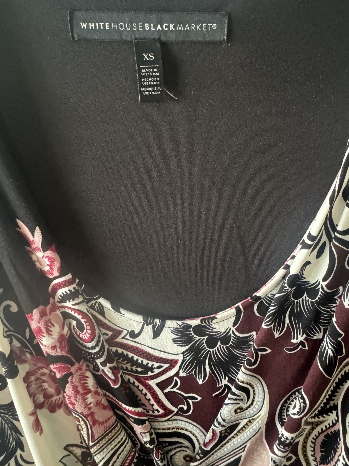 White House Black Market Chic Paisley Faux Wrap Top Burgandy Black White XS