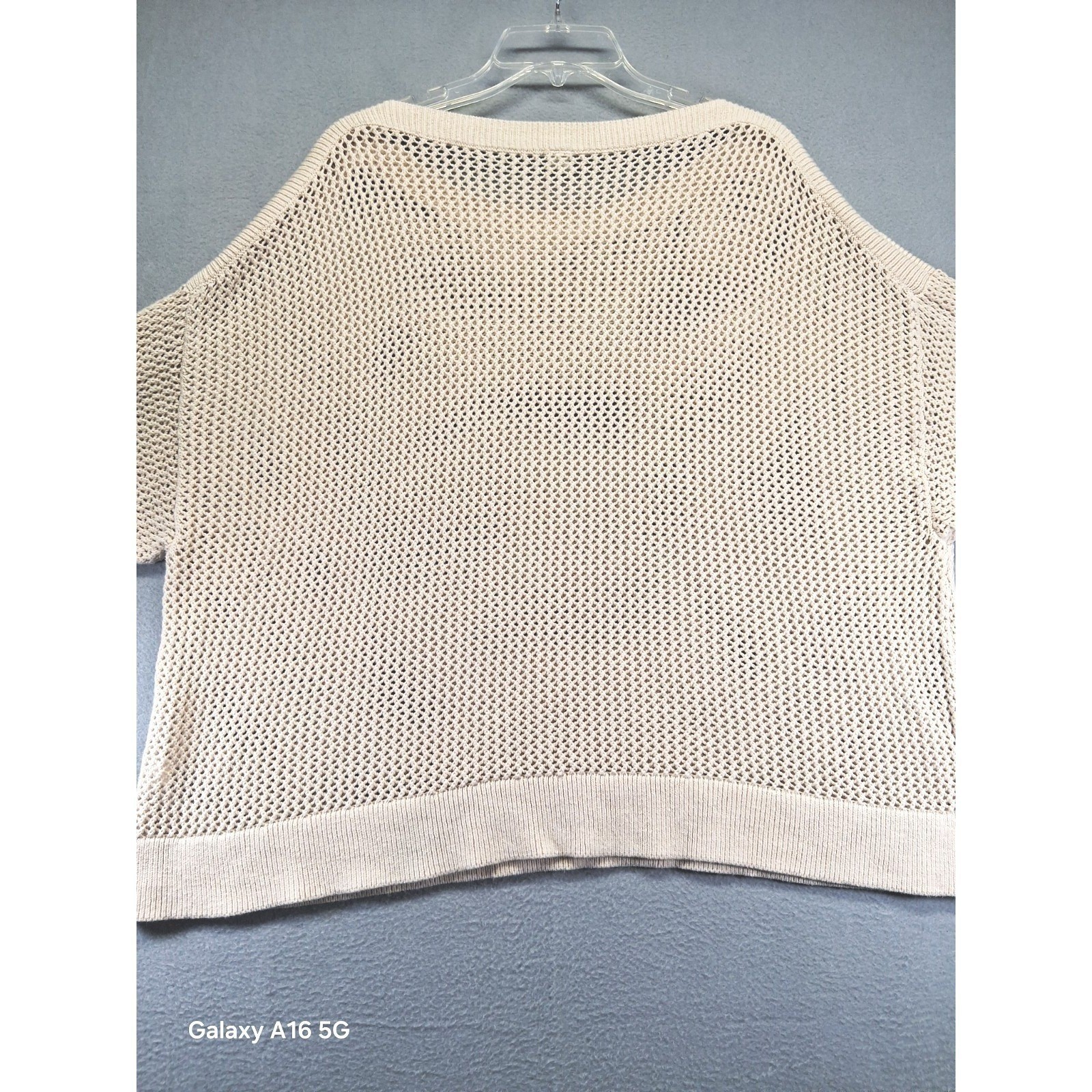 Cream Open Weave Mesh Knit Sweater Crew Neck Boxy Long Sleeve Pullover